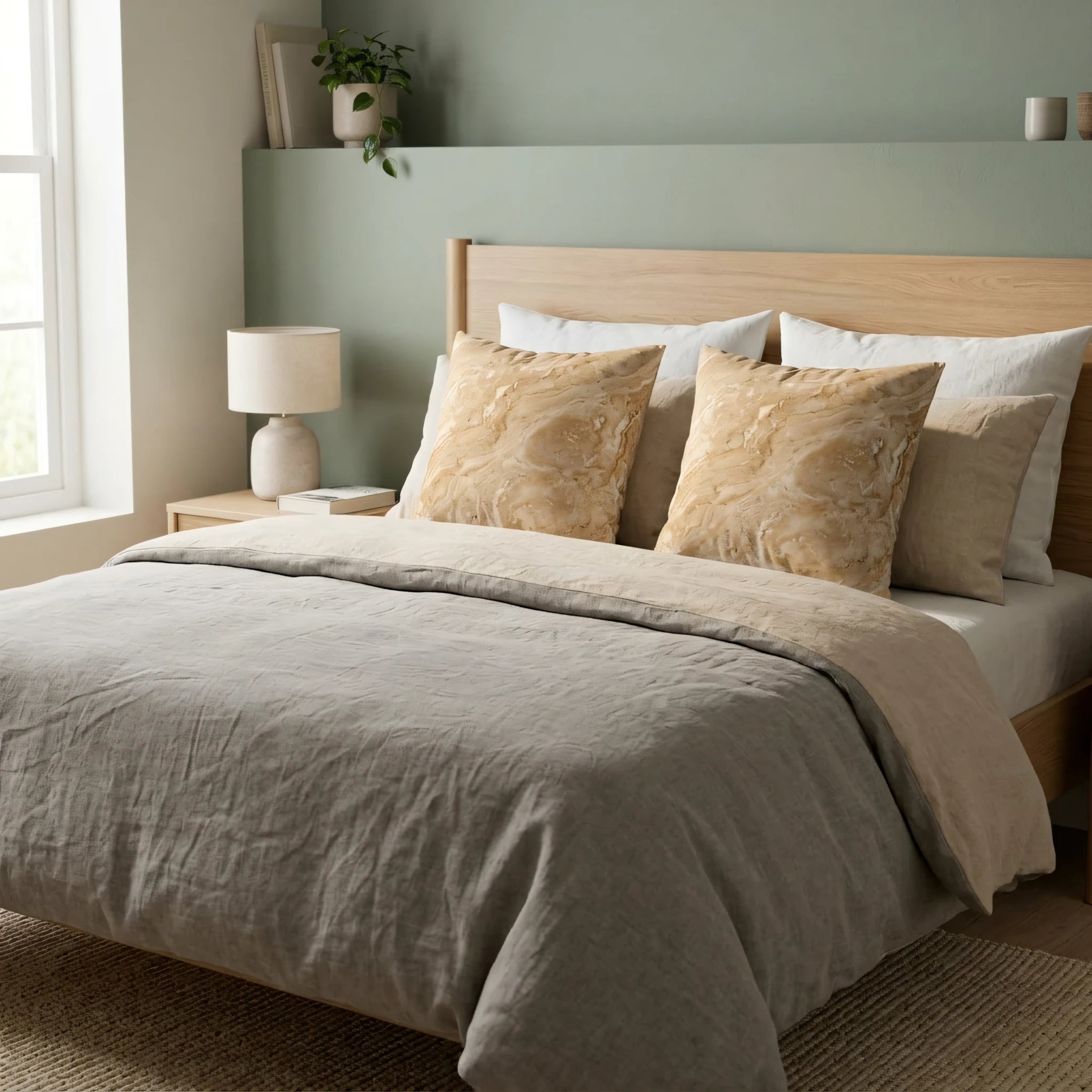 Set of two cushions with a beige marble pattern on a wooden bed in a cozy bedroom with sage green walls, ideal for modern home decor.