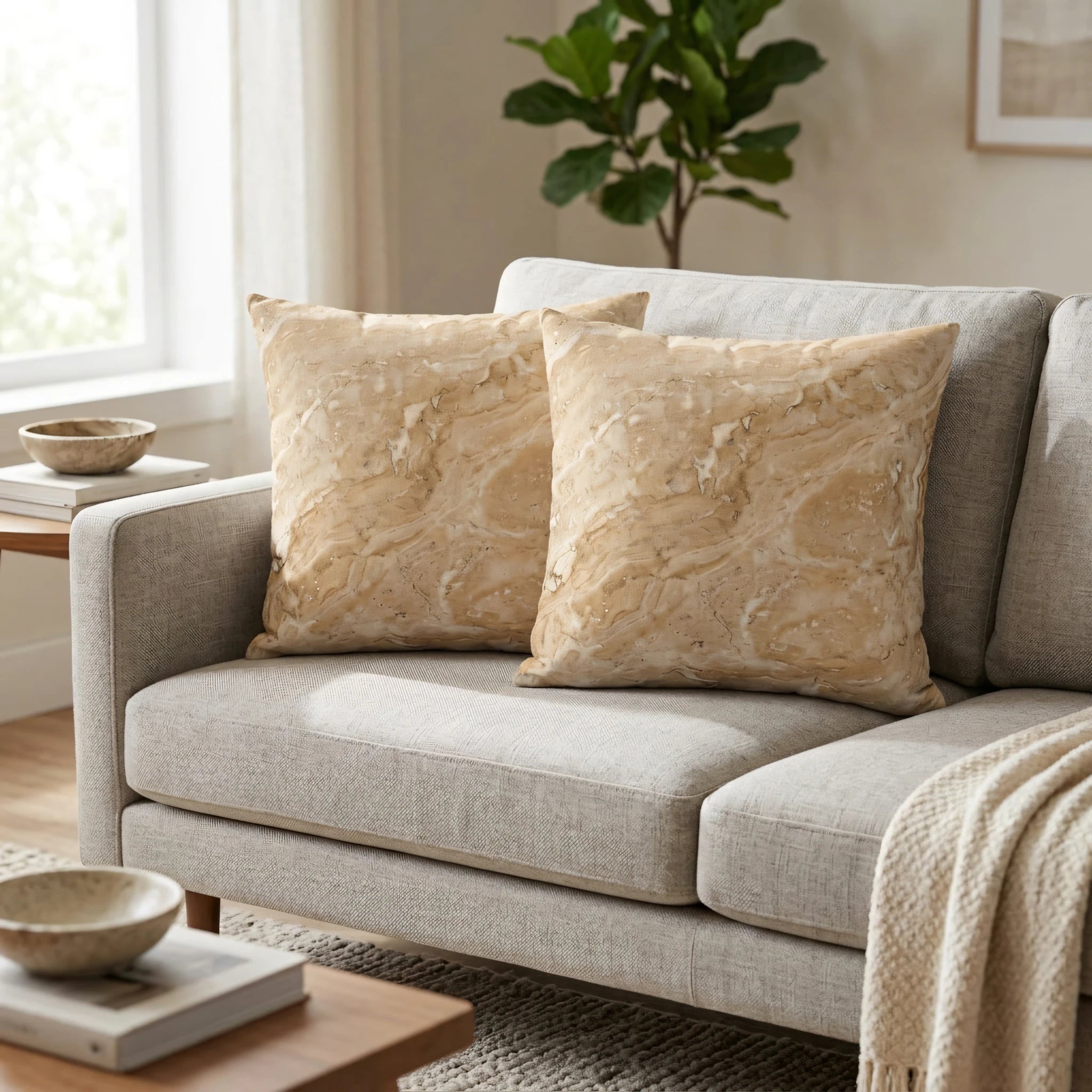 Pair of decorative pillows with a tan marble texture on a grey sofa. Earthy beige cushions in a modern, sunlit living room lifestyle setting.