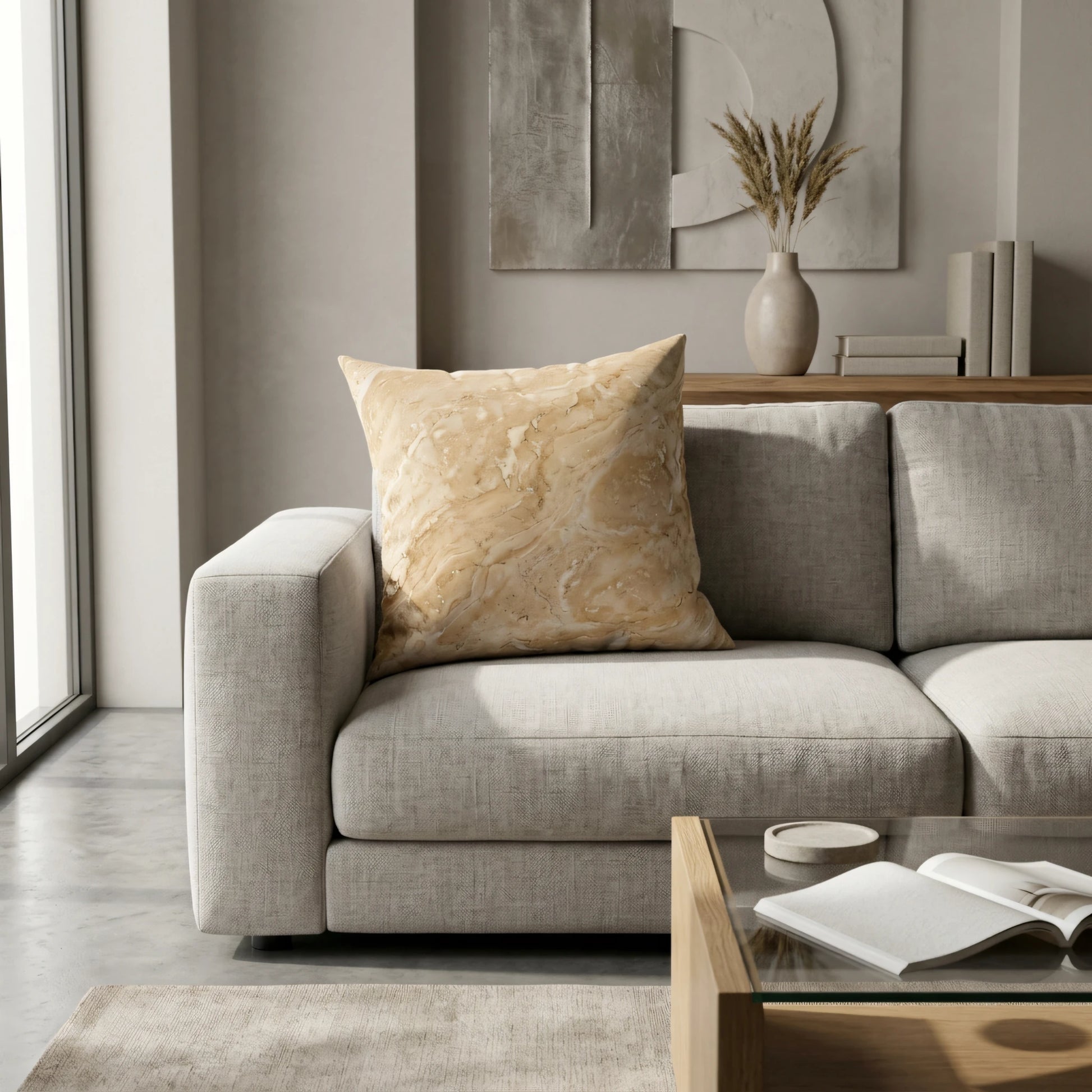 Tan marble pattern pillow on a grey sofa in a modern minimalist living room with neutral colors and elegant textured wall art.