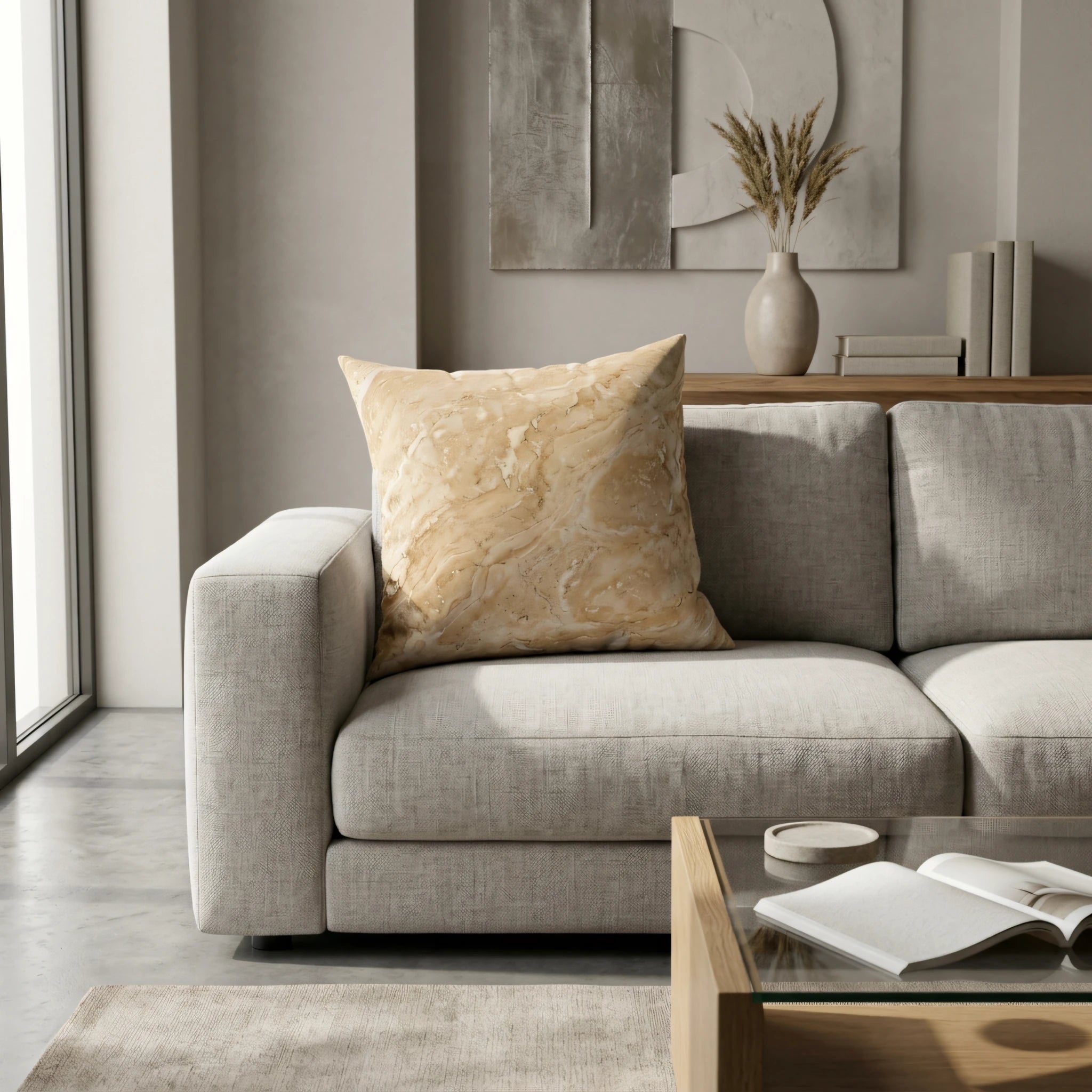 Tan marble pattern pillow on a grey sofa in a modern minimalist living room with neutral colors and elegant textured wall art.