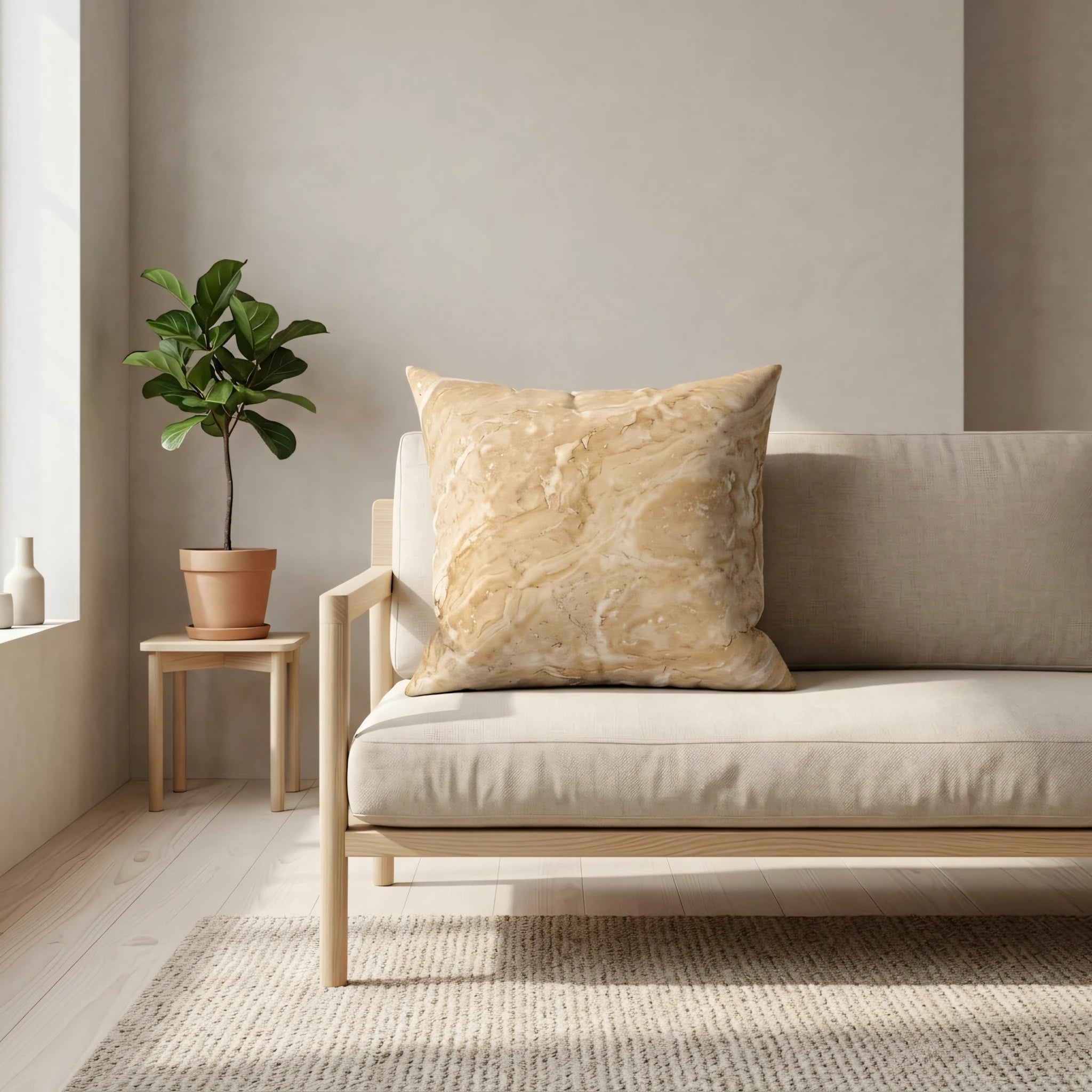 Beige marble texture throw pillow on a minimalist wooden sofa in a bright living room setting with a potted plant and neutral rug.