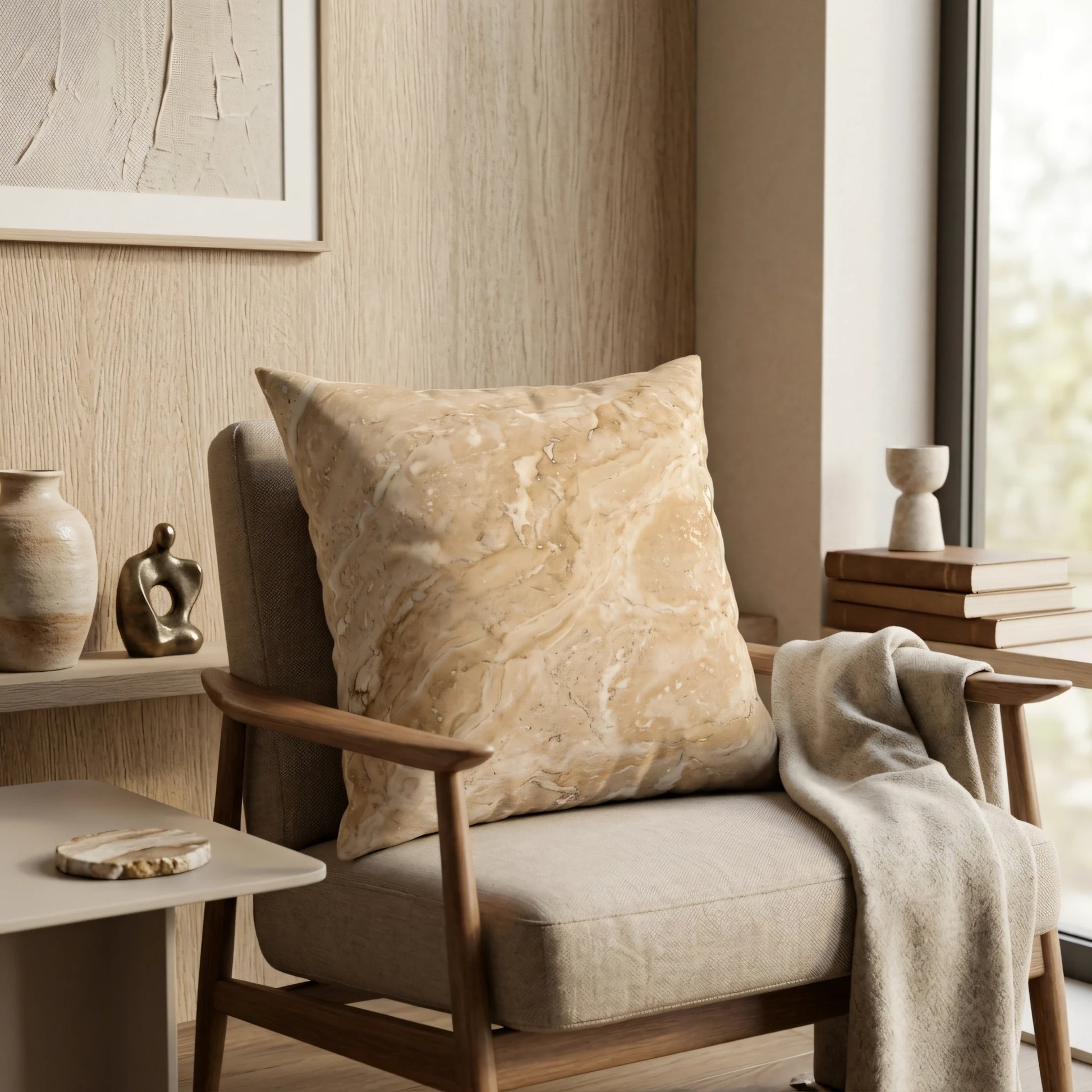 Beige marble pattern pillow on a wooden armchair in a minimalist living room lifestyle scene with a cozy throw blanket and neutral home decor.