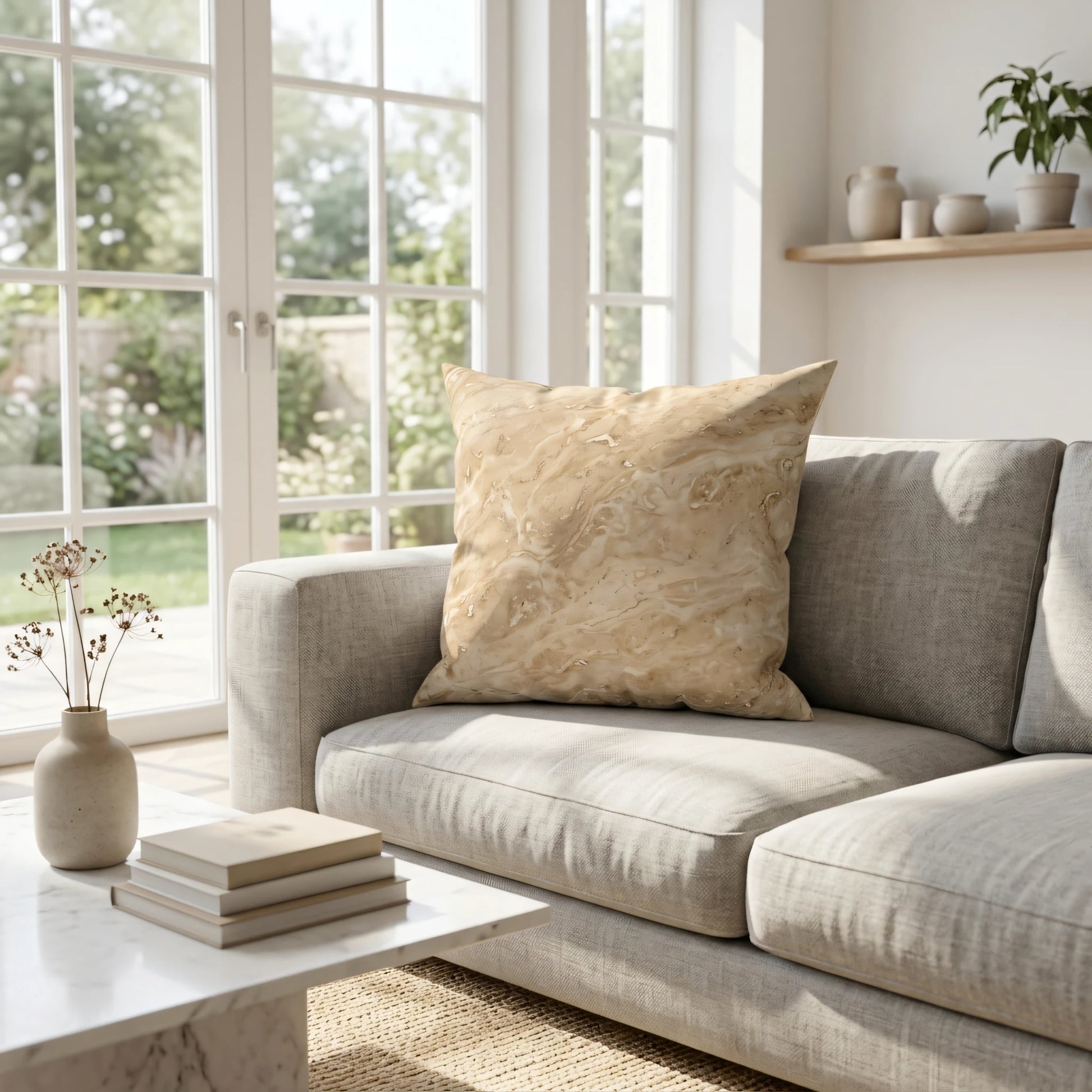 Tan marble textured cushion on a grey sofa in a sunlit modern living room with large windows and a marble coffee table.