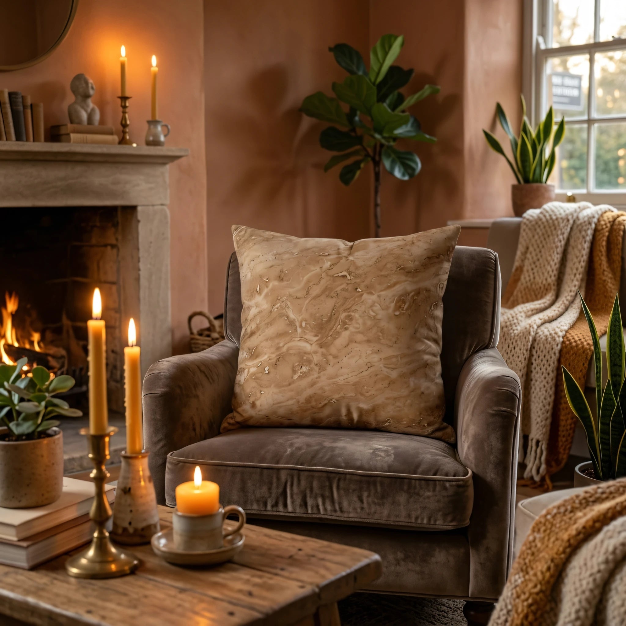 Earthy marble pattern cushion on a brown velvet chair in a warm living room with a glowing fireplace, candles, and house plants.
