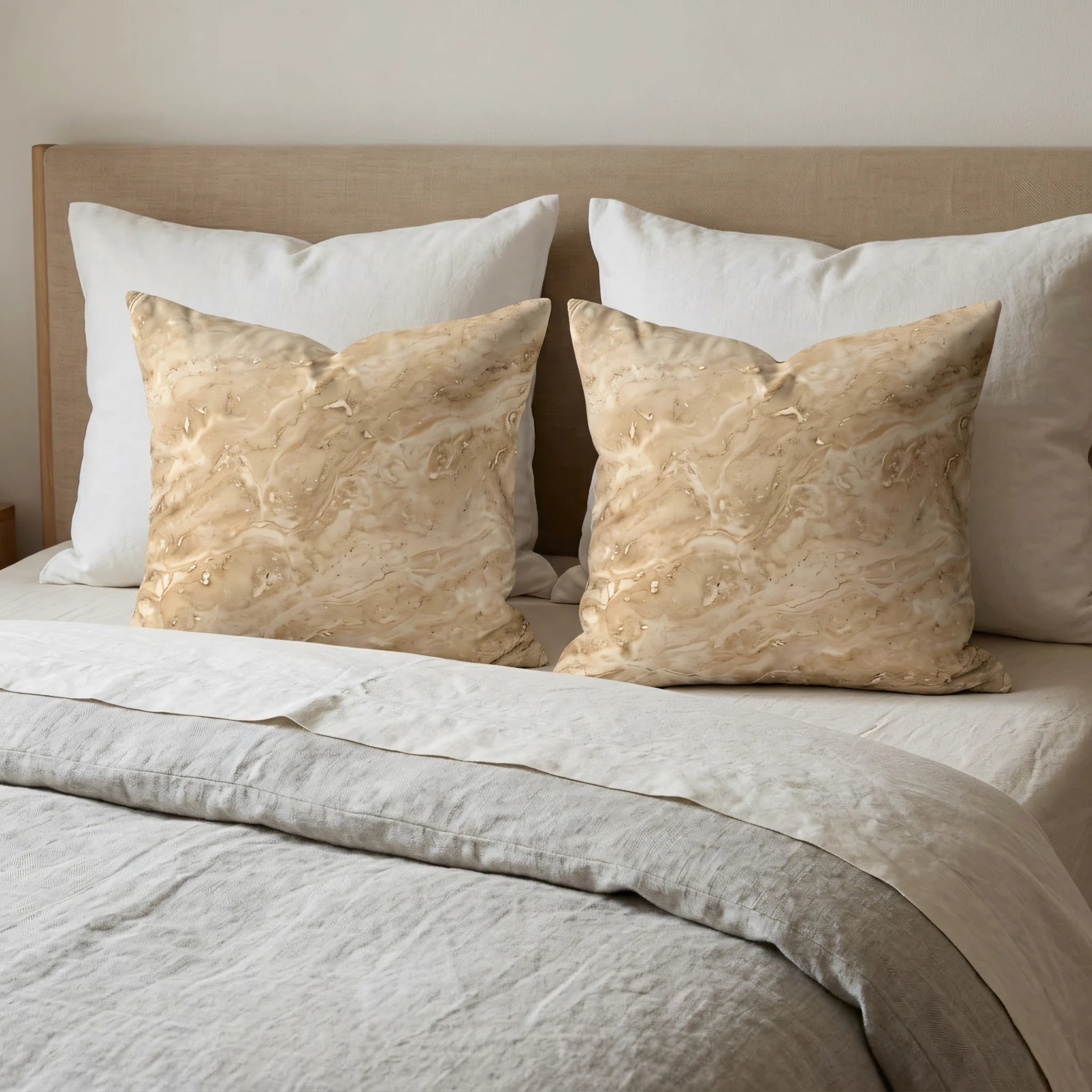 A pair of decorative pillows with a tan marble pattern on a bed with white pillows and grey bedding in a bedroom setting.