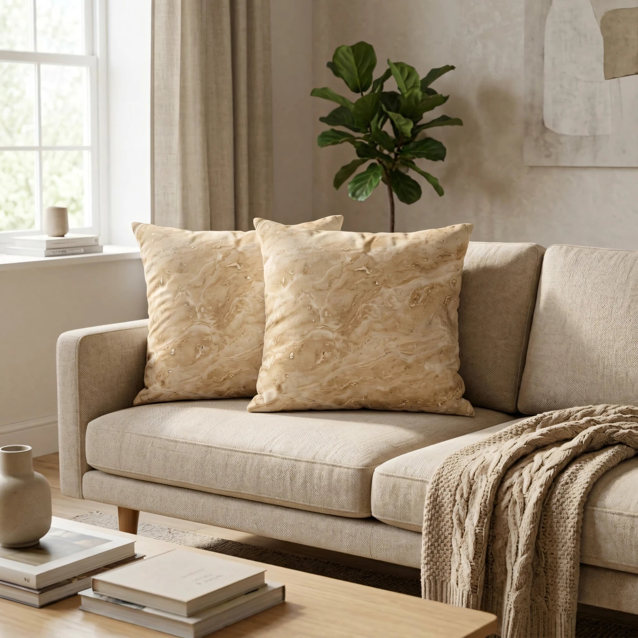 Pair of decorative marble pattern cushions in warm beige tones on a modern cream sofa in a bright, neutral living room setting.