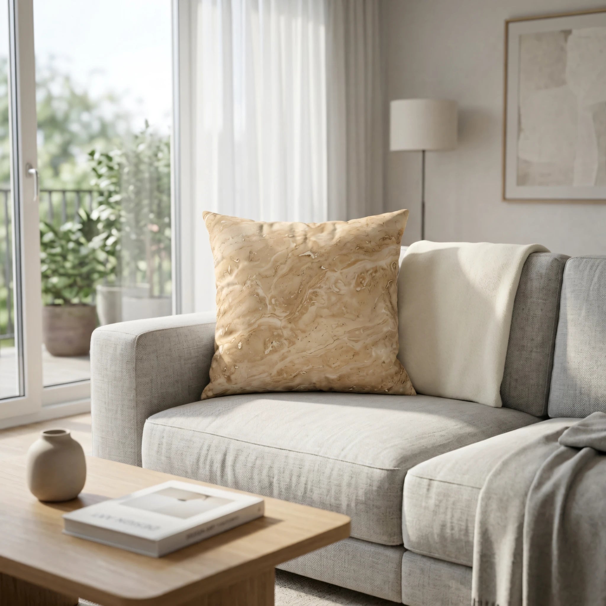 Tan marble texture throw pillow on a light grey sofa in a sunlit modern living room setting with a wooden coffee table and decor.