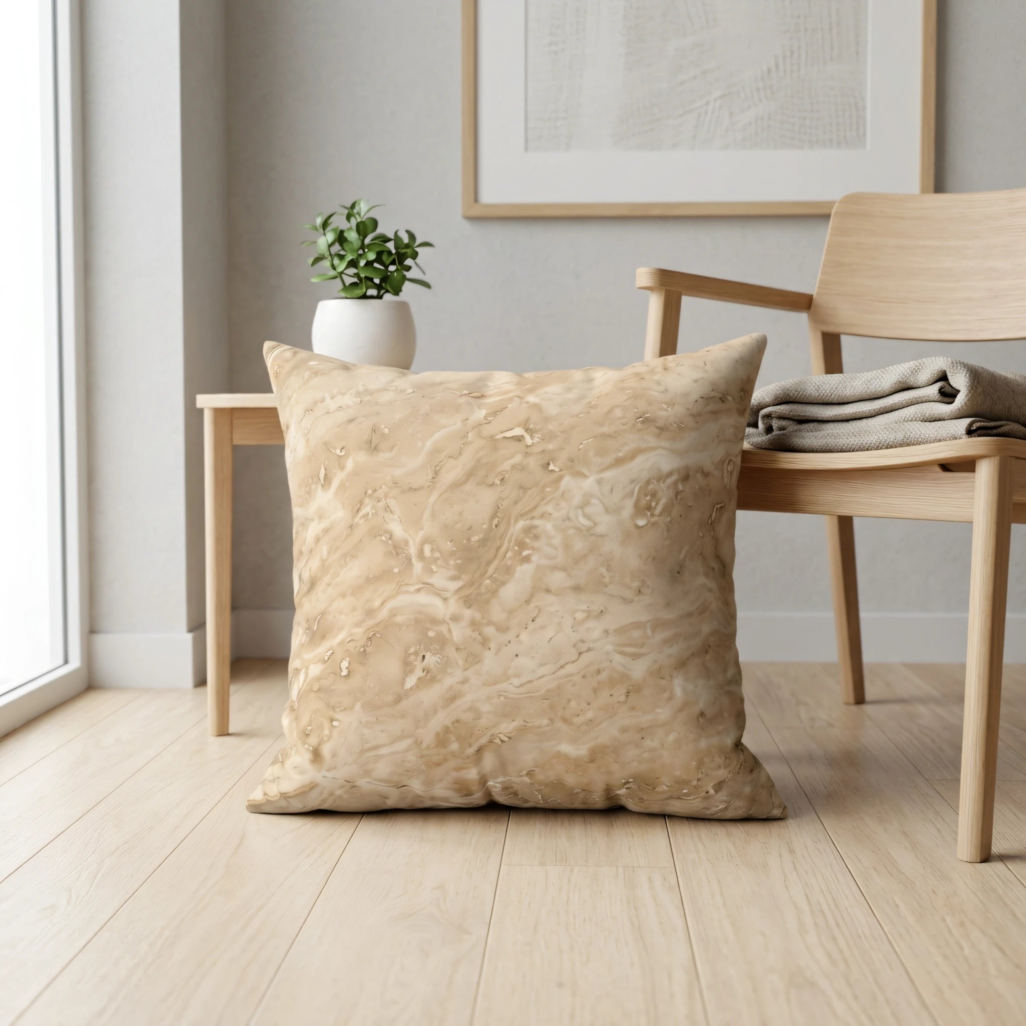Minimalist interior with a beige marble pattern pillow on a light wood floor, styled with a wooden chair, side table, and potted plant.