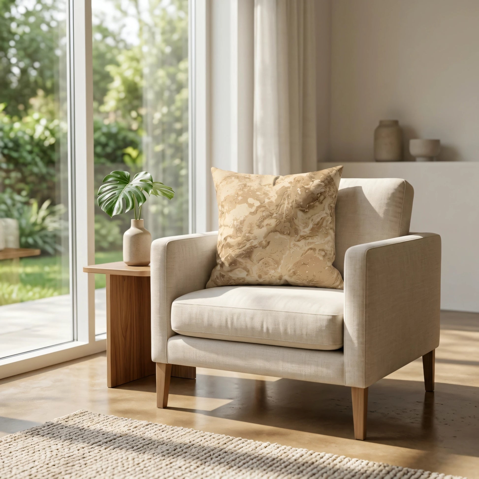 Abstract marbled throw pillow in beige and gold on a cream armchair in a sunlit modern living room with garden views.