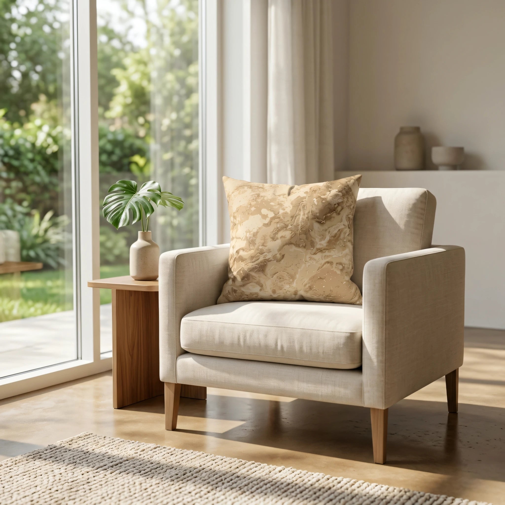 Abstract marbled throw pillow in beige and gold on a cream armchair in a sunlit modern living room with garden views.