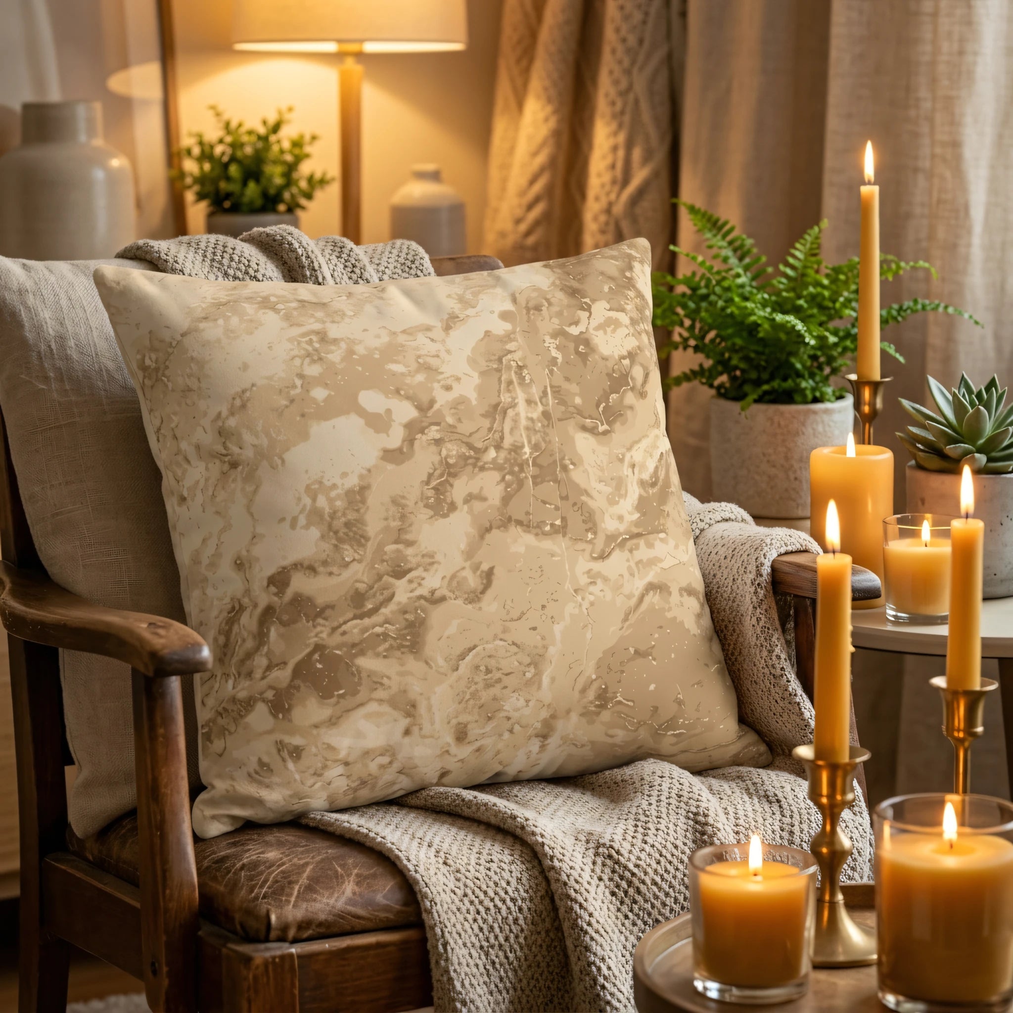Beige marble pattern cushion on a vintage wooden armchair in a cozy room with glowing candles and green plants in warm lighting.