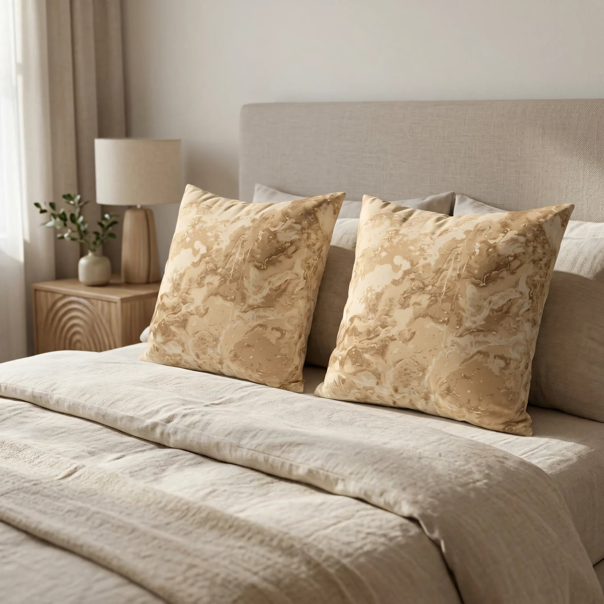Two square cushions with beige marble texture on a bed. Abstract tan and gold pattern pillows in a cozy, minimalist bedroom lifestyle scene.