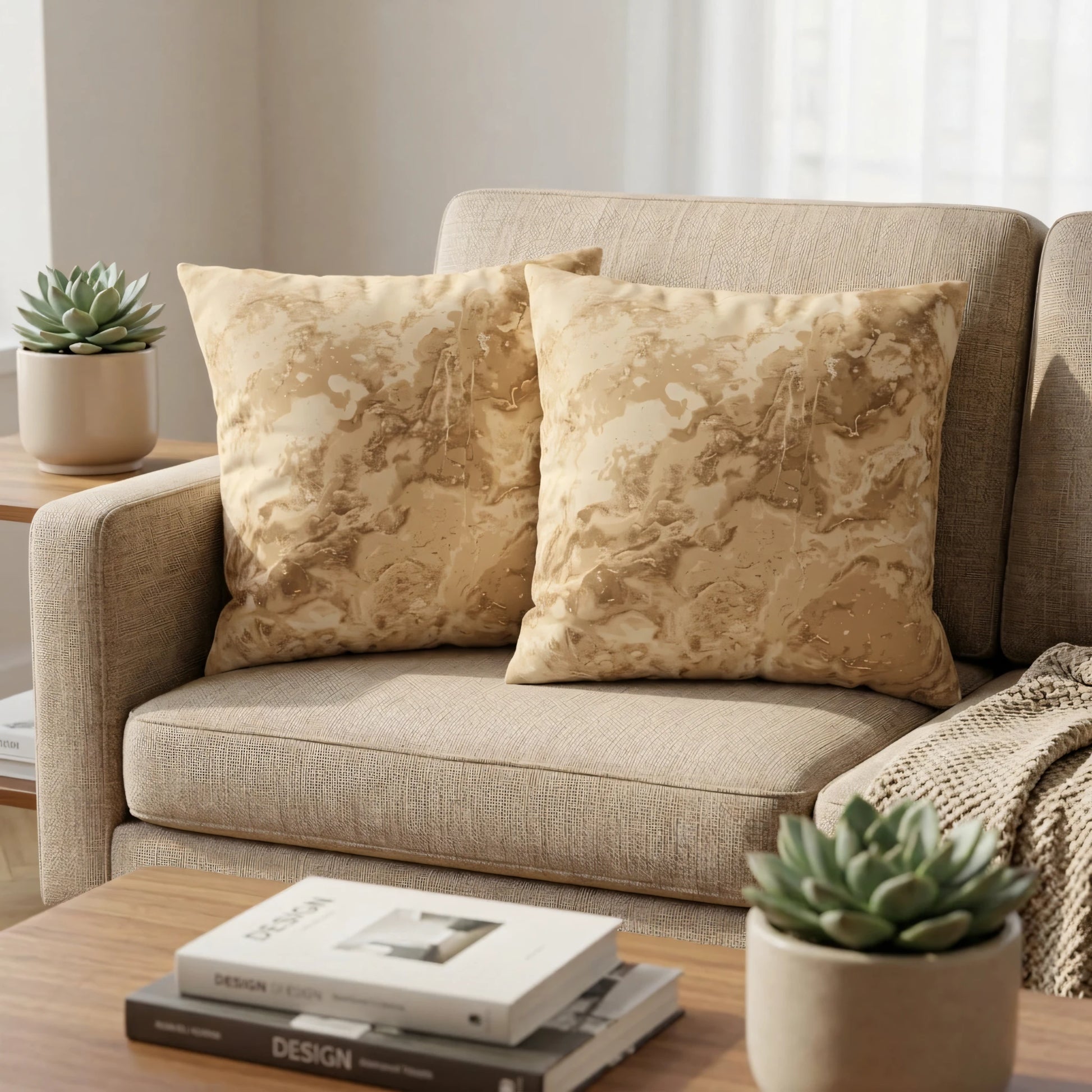 Two square throw pillows with a beige and gold marble design on a textured fabric sofa in a modern, cozy interior lifestyle shot.