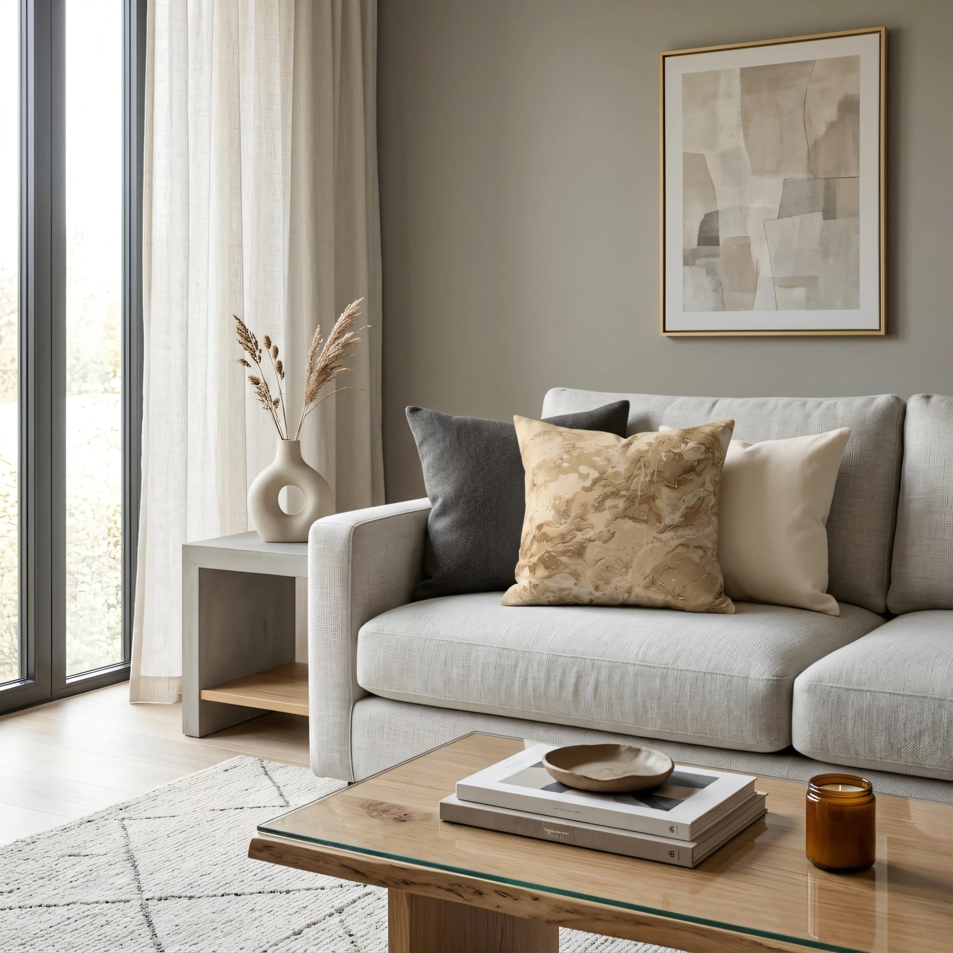 Abstract marble print cushion in gold and tan on a grey sofa in a modern minimalist living room lifestyle scene with neutral home decor.