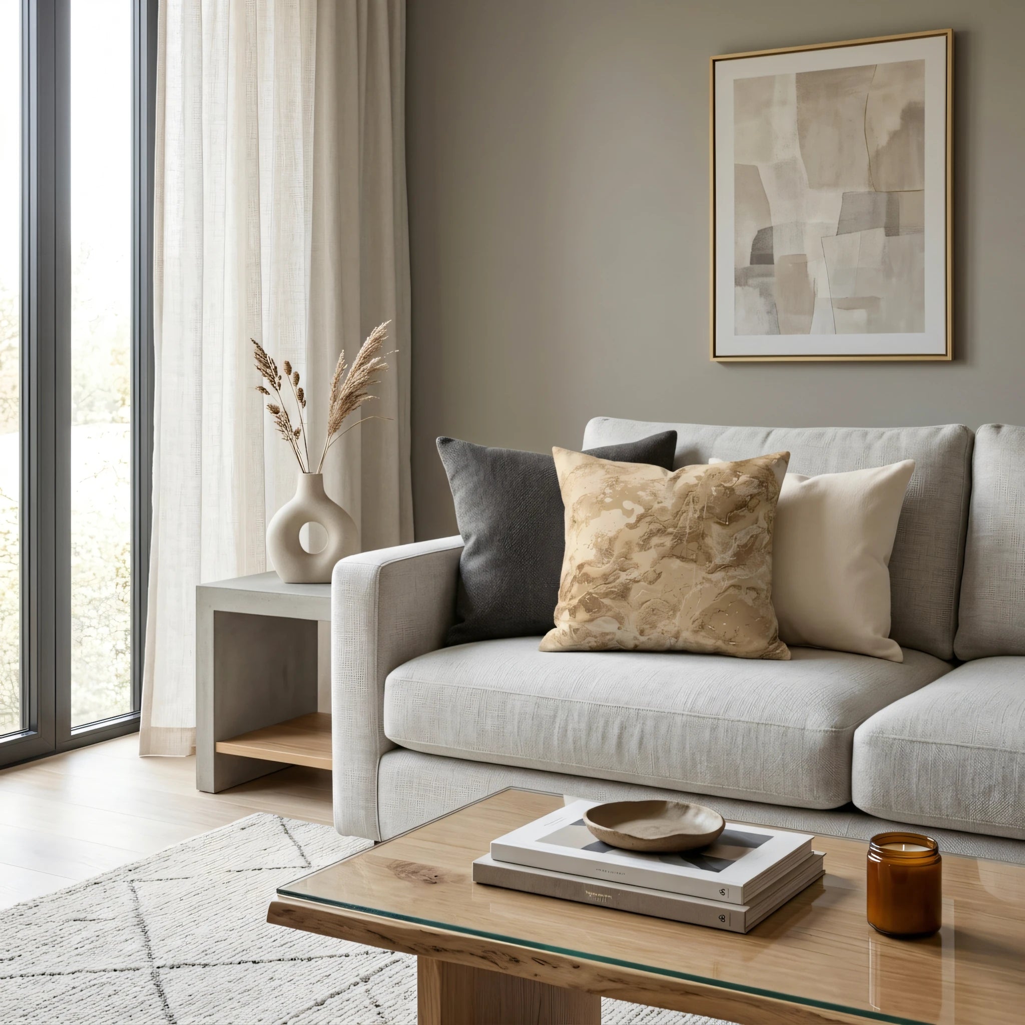 Abstract marble print cushion in gold and tan on a grey sofa in a modern minimalist living room lifestyle scene with neutral home decor.
