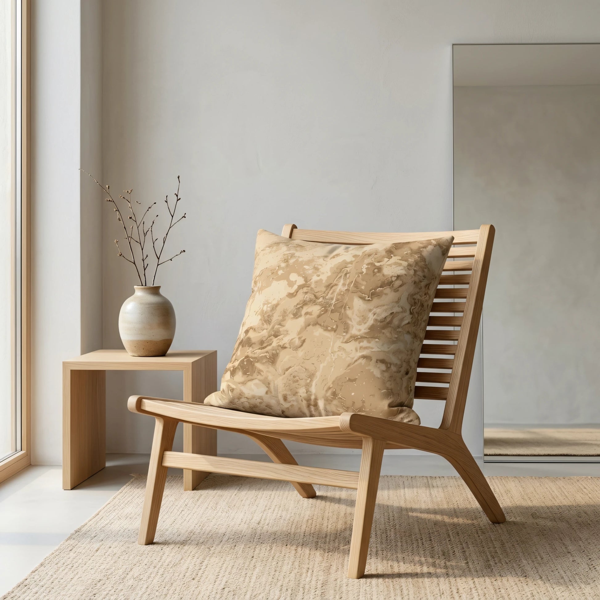 Tan marbled throw pillow on a wooden slatted chair in a minimalist interior with a side table, vase, and natural jute rug.