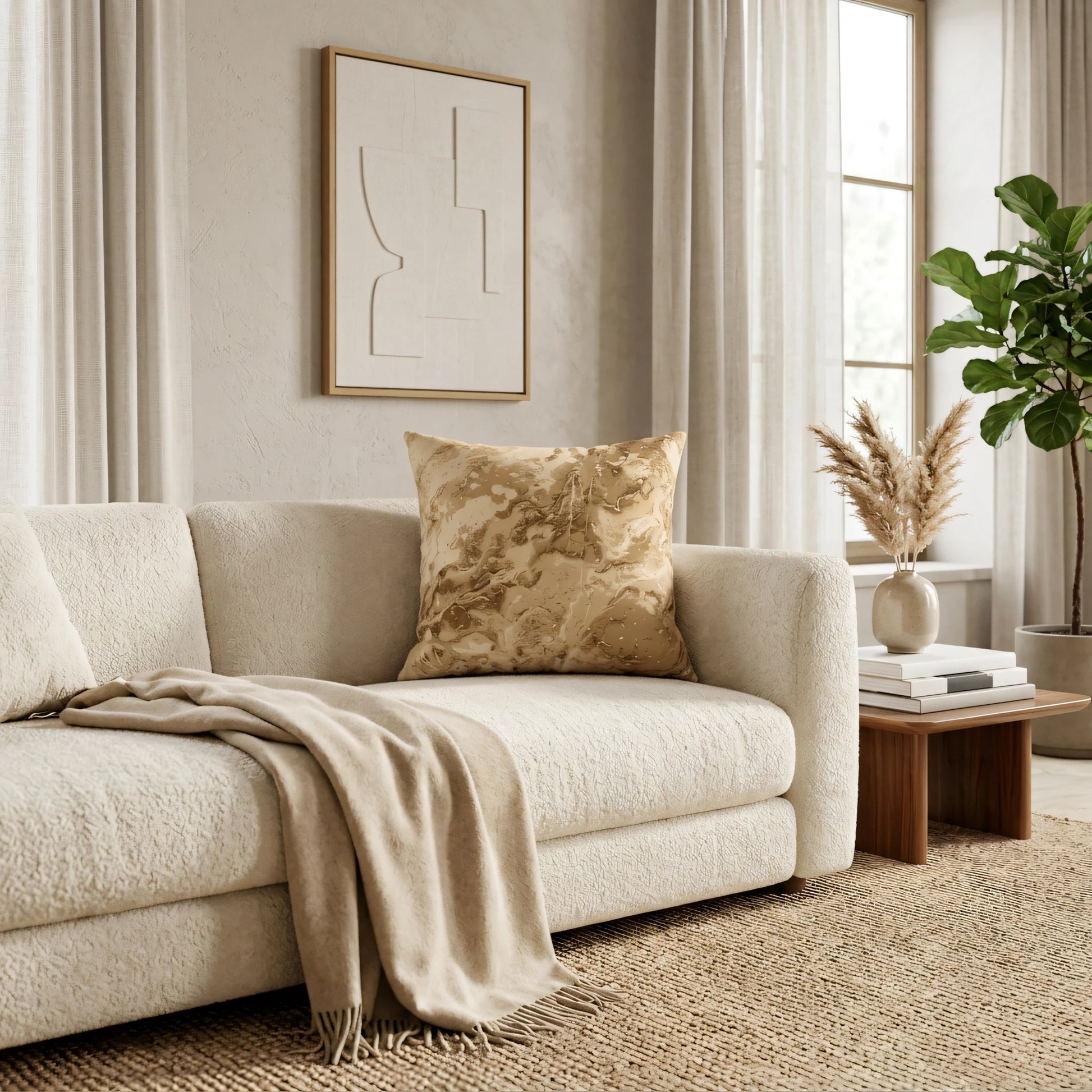 Gold marble decorative throw pillow on a cream bouclé sofa in a minimalist living room lifestyle scene with neutral decor.