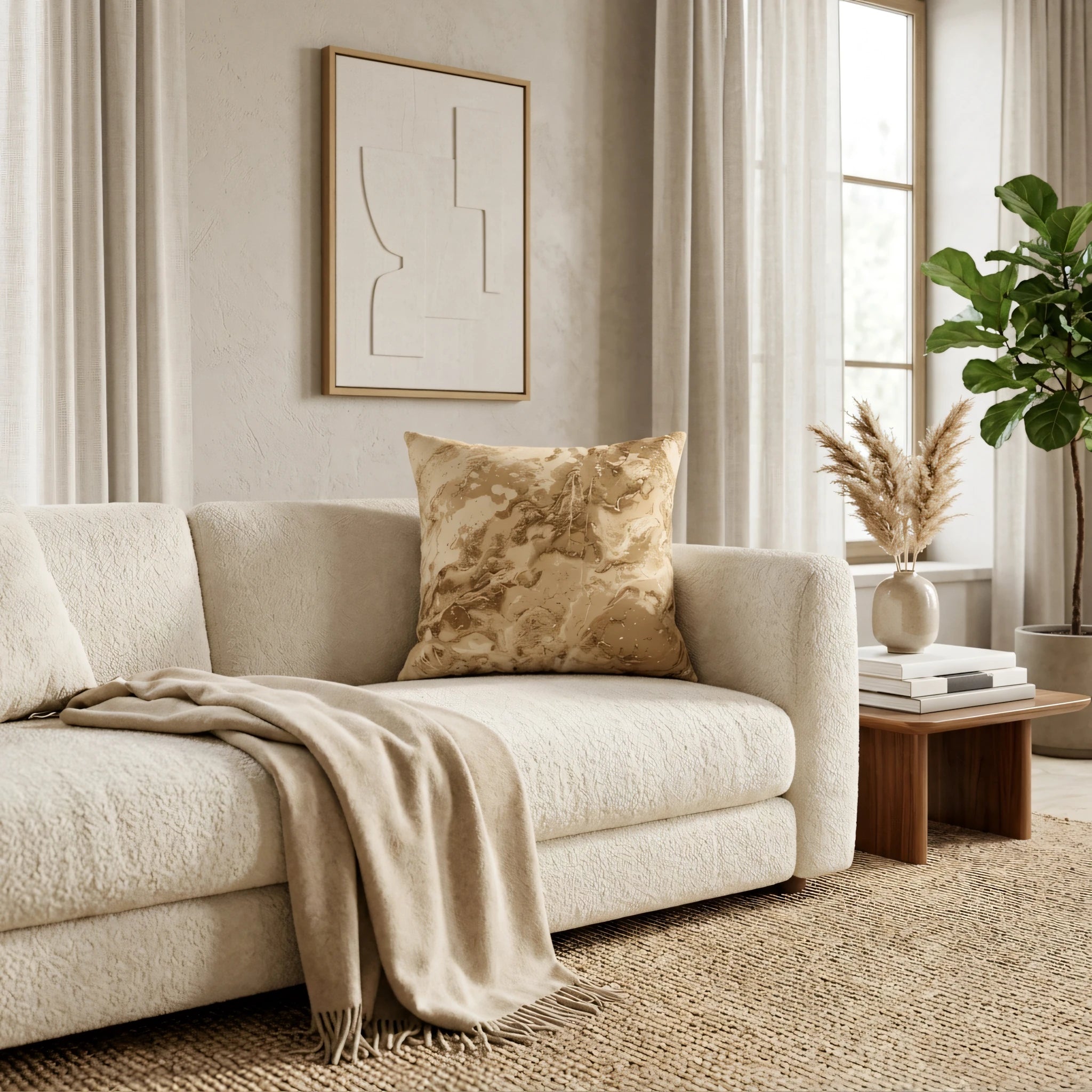 Gold marble decorative throw pillow on a cream bouclé sofa in a minimalist living room lifestyle scene with neutral decor.