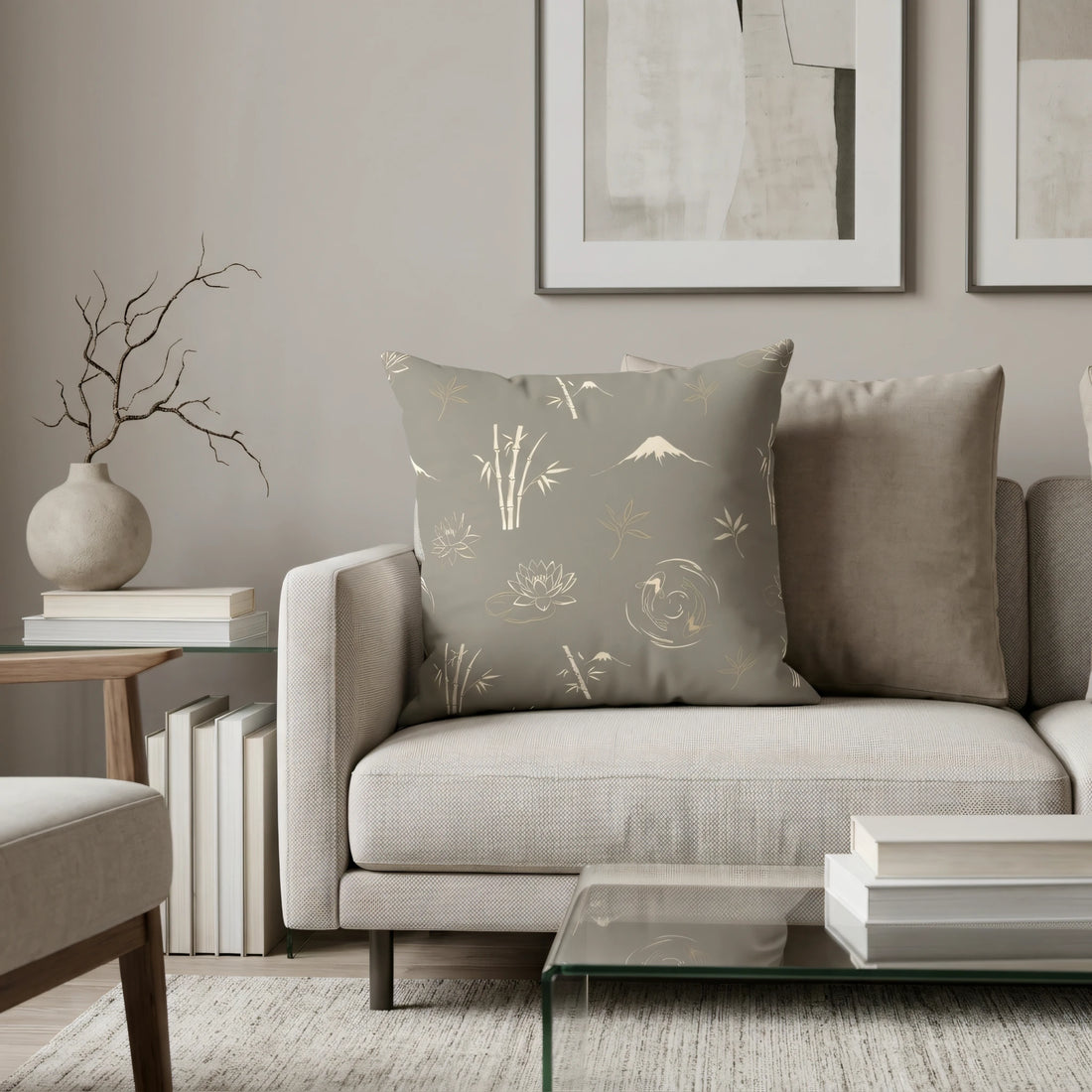 Front view of Taupe Zen Cushion Cover with Cream Illustrative Bamboo on a white background.