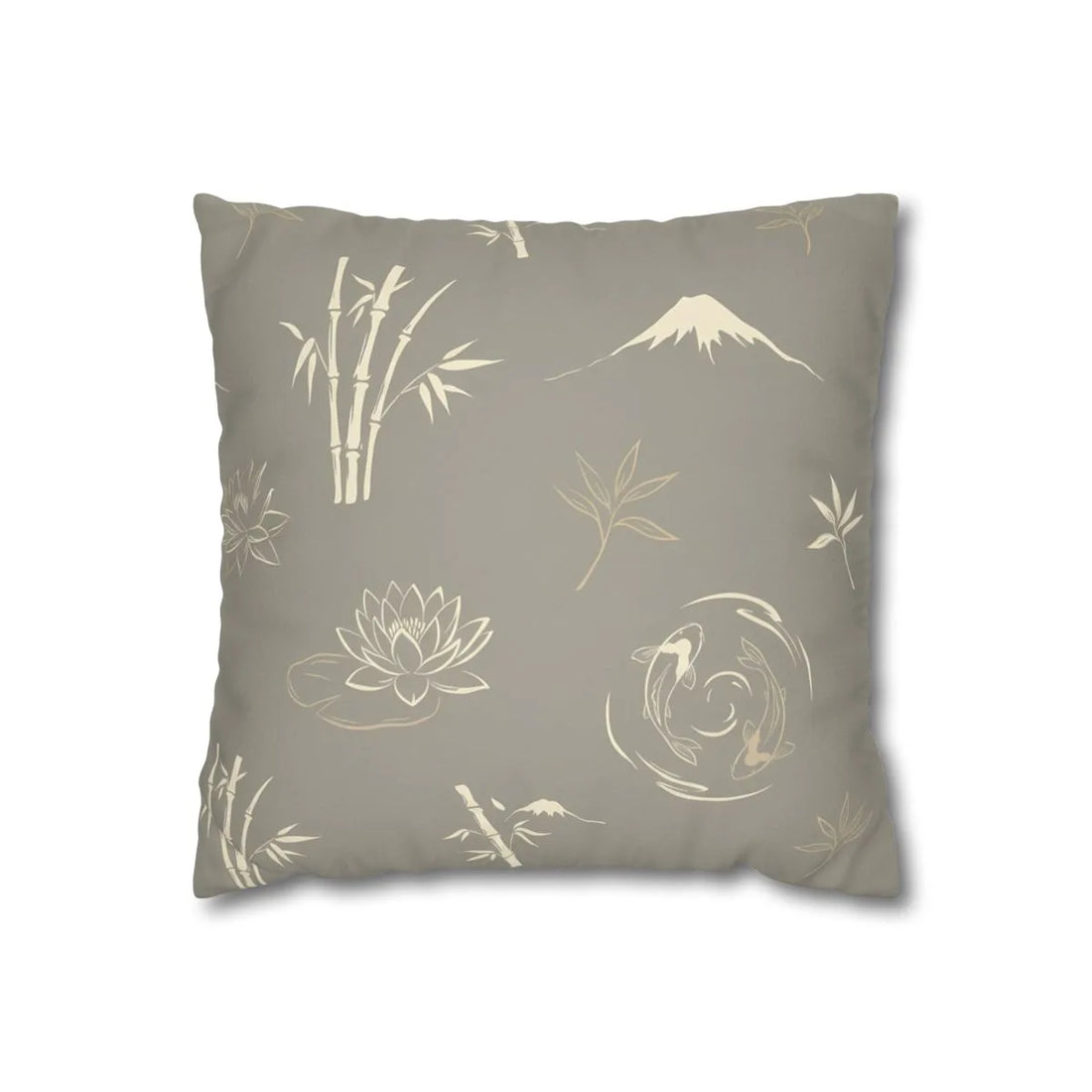 Front view of Taupe Zen Cushion Cover with Cream Illustrative Bamboo on a white background.