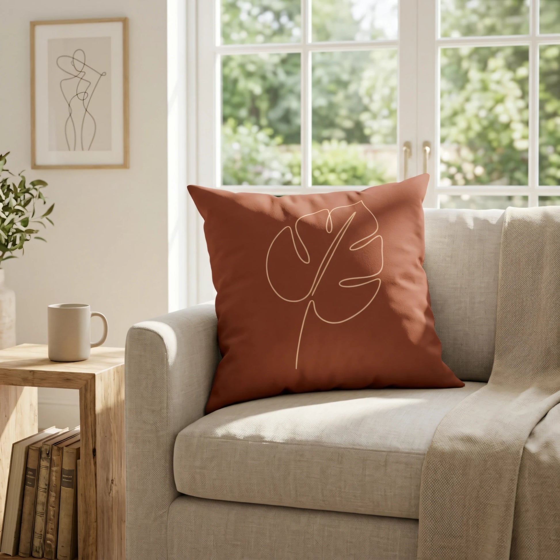 Burnt orange cushion with a minimalist monstera leaf design on a beige sofa in a bright, sunlit living room lifestyle shot.