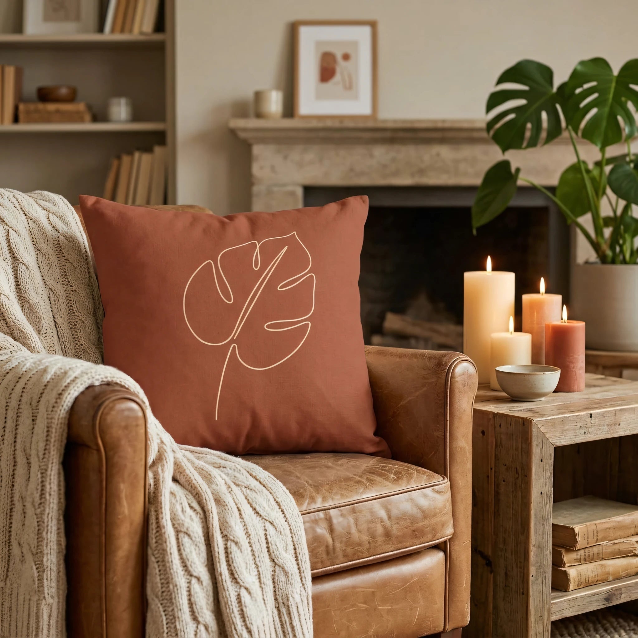 Terracotta monstera leaf line art cushion on a leather armchair in a cozy living room setting with glowing candles and a knit throw blanket.