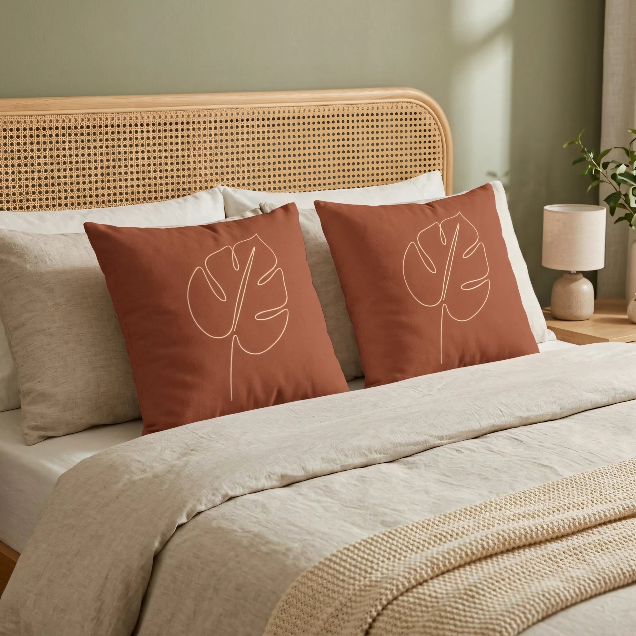 Two rust-colored monstera leaf cushions on a beige bed with a cane headboard, creating a minimalist boho bedroom aesthetic for home decor.