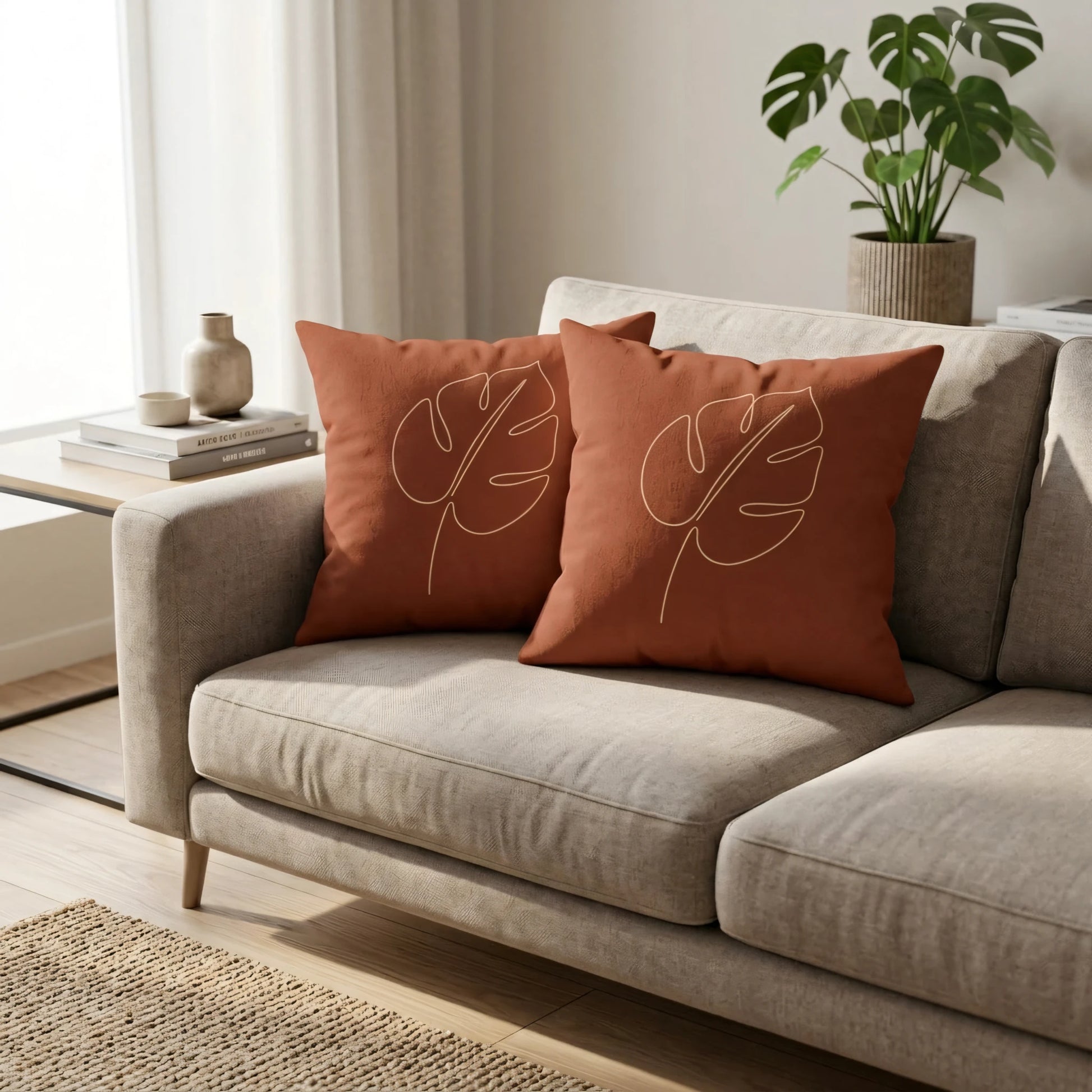 Two terracotta cushions featuring white monstera leaf art on a beige fabric sofa in a bright, modern living room setting.