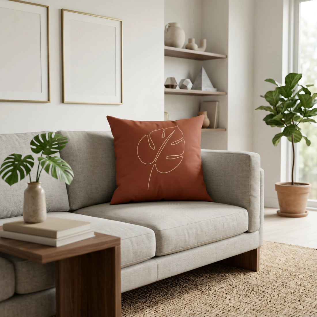 Terracotta cushion with a minimalist monstera leaf outline on a gray sofa in a bright, modern living room setting with neutral decor.