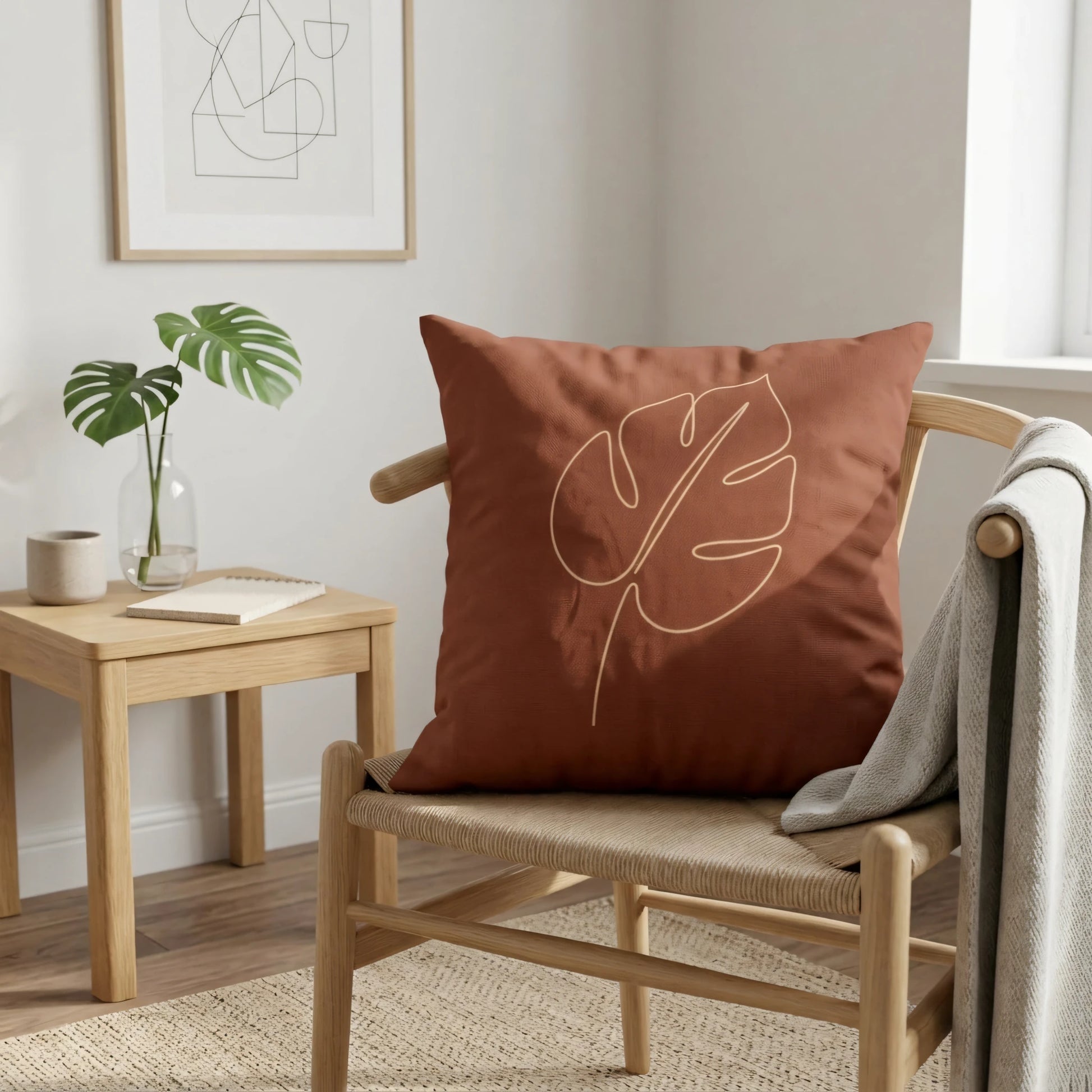 Terracotta cushion with minimalist monstera leaf art on a wooden chair in a bright, modern interior lifestyle setting.