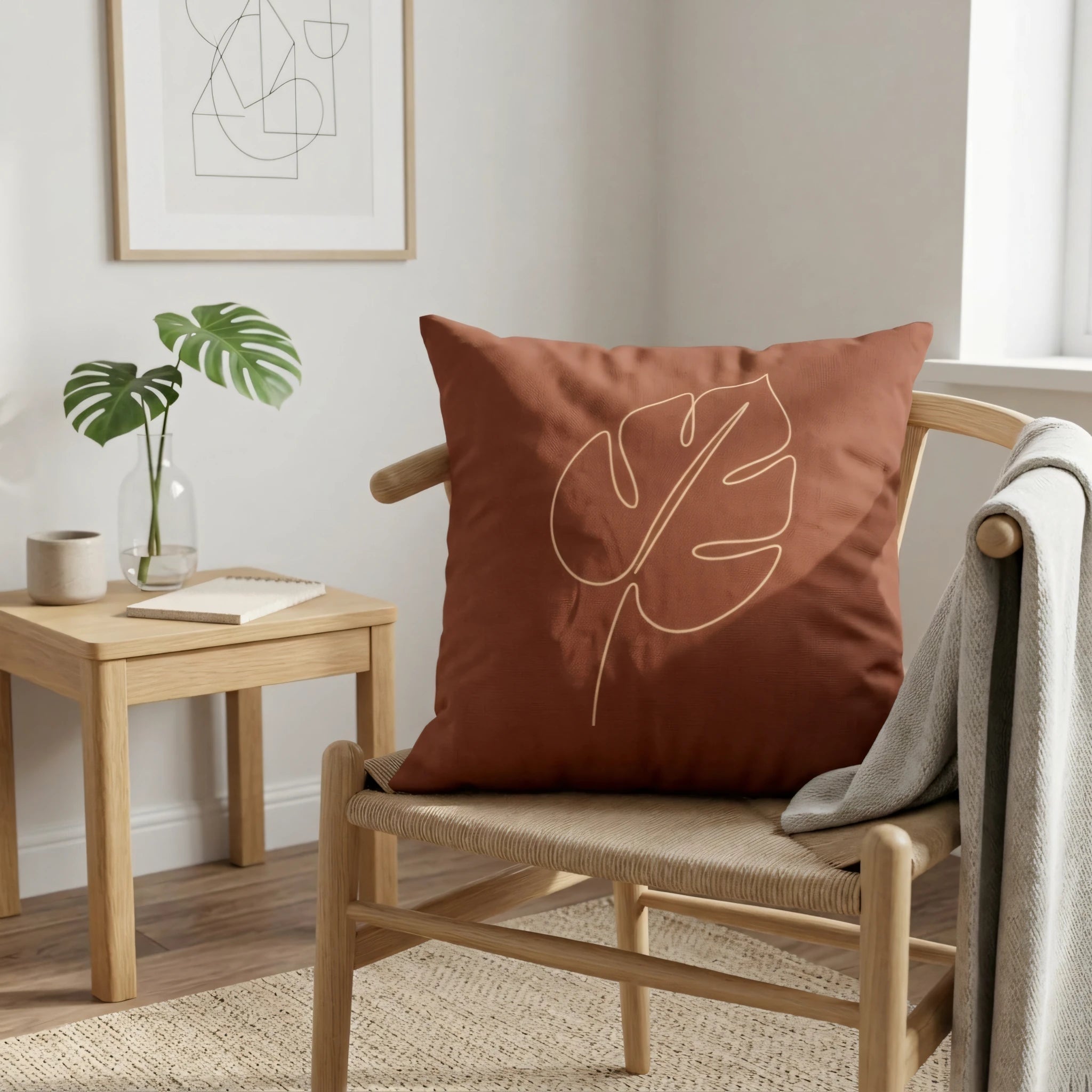 Terracotta cushion with minimalist monstera leaf art on a wooden chair in a bright, modern interior lifestyle setting.