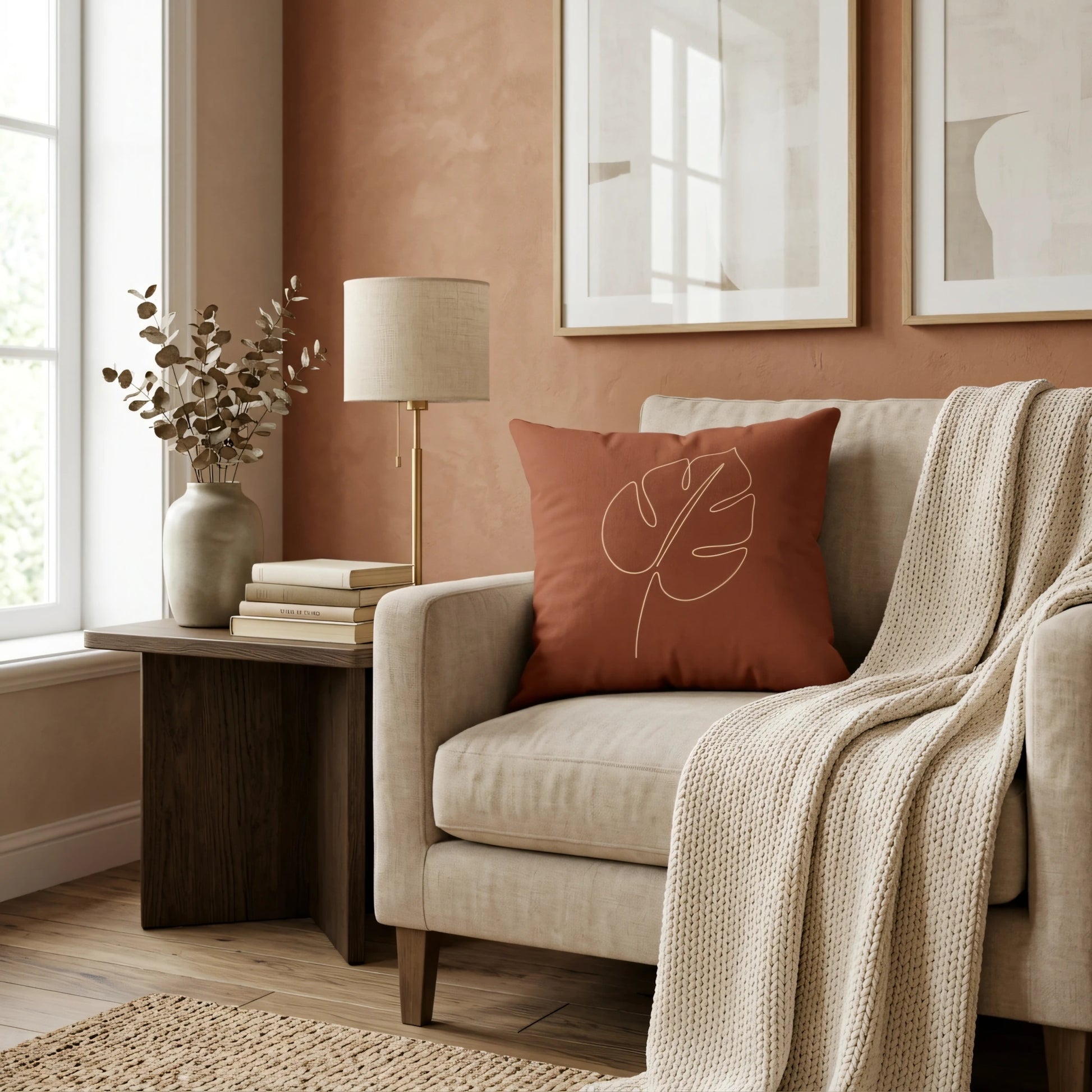 Terracotta throw pillow with gold Monstera leaf line art on a beige armchair in a cozy living room with earthy tones and a knit blanket.