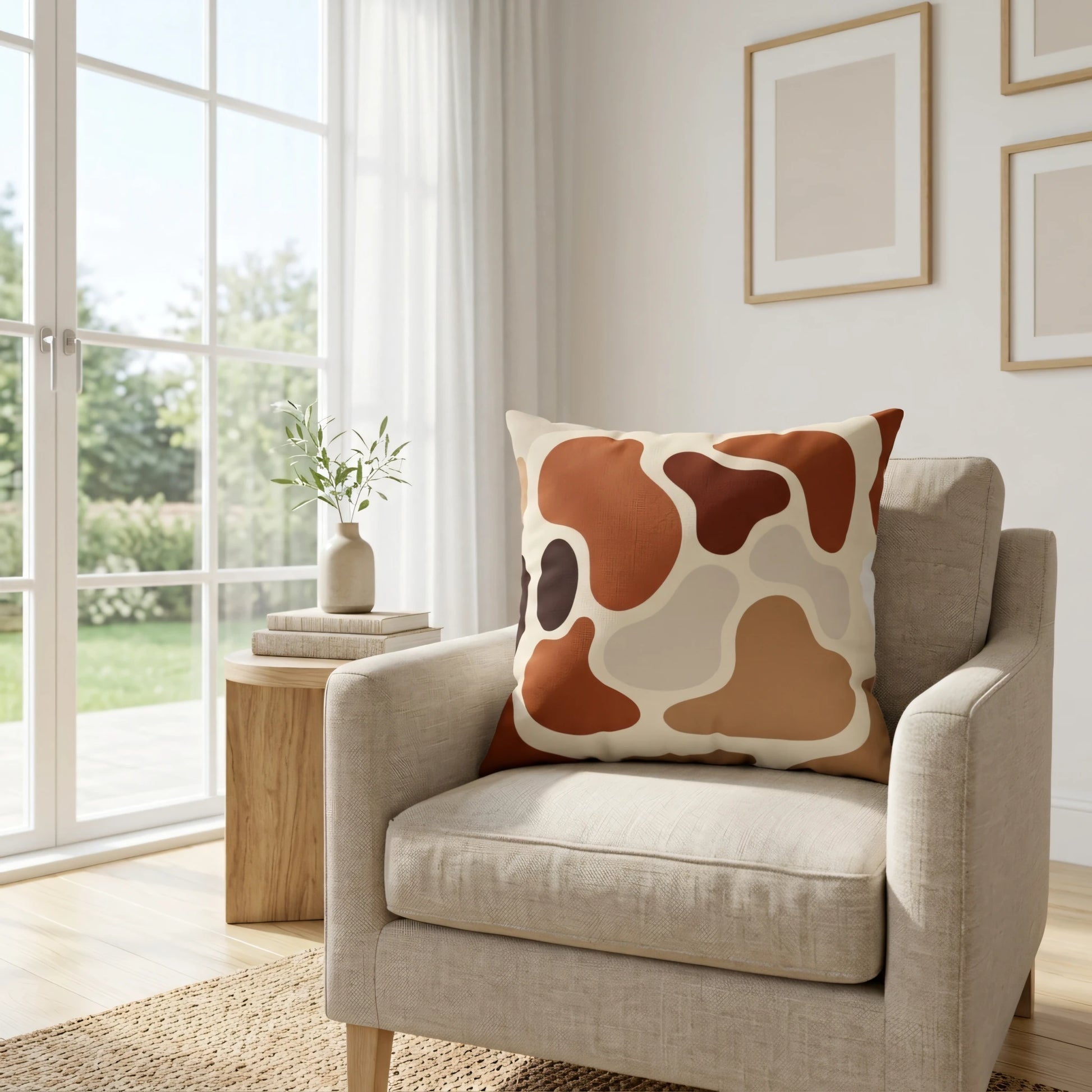 Earthy abstract print throw pillow on a beige armchair in a bright living room with large windows and minimalist home decor.