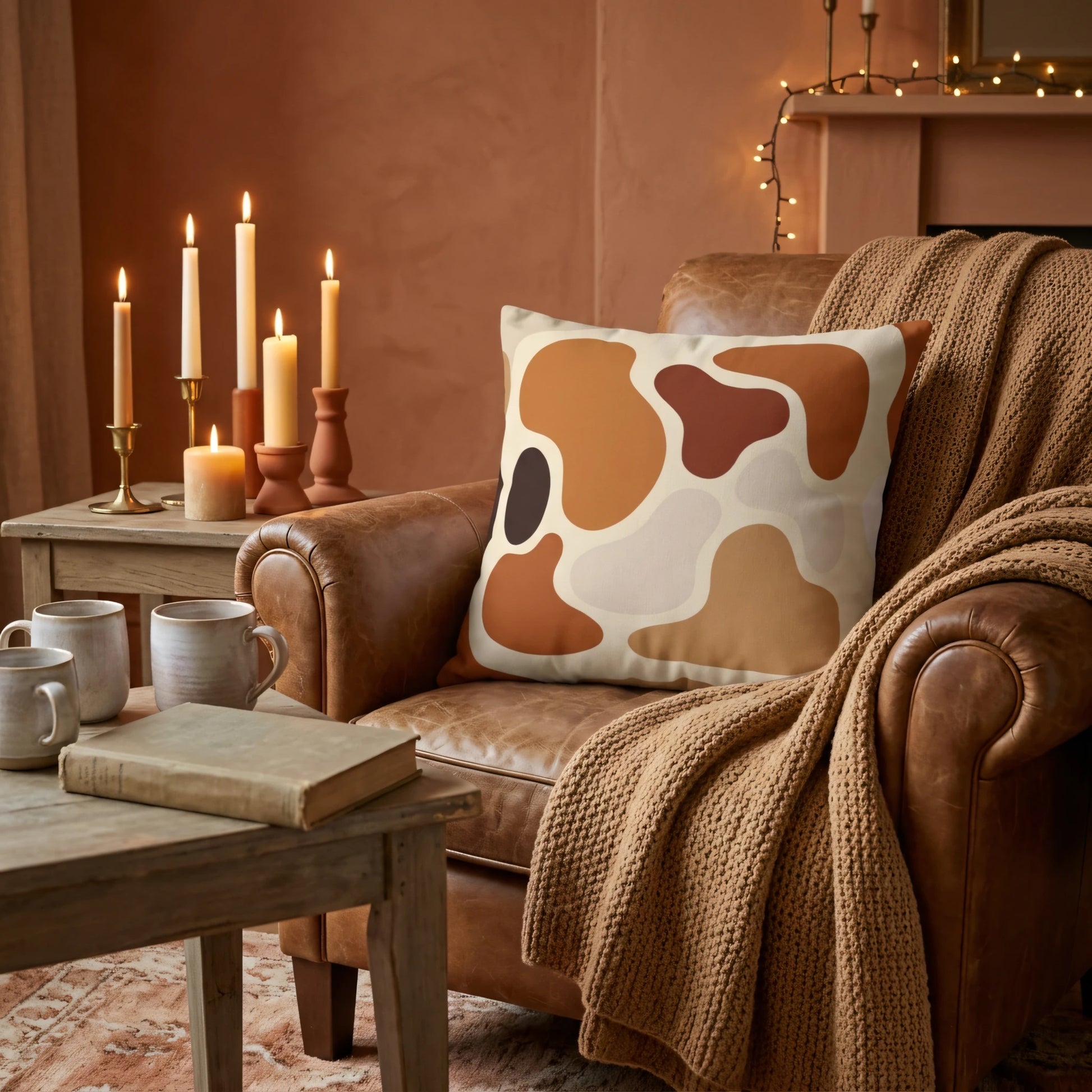 Abstract pillow with earth-toned organic shapes on a leather chair in a cozy room with warm candles and a knitted throw blanket.