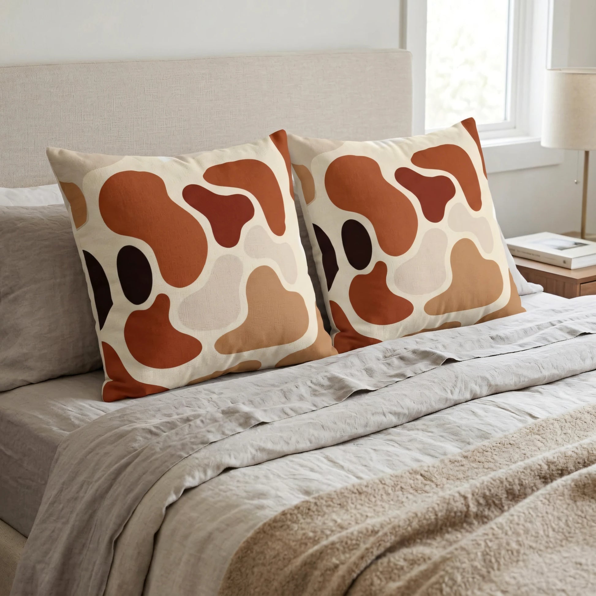 Pair of abstract art pillows with earthy terracotta and beige shapes on a neutral bed in a modern bedroom setting with a bedside lamp.