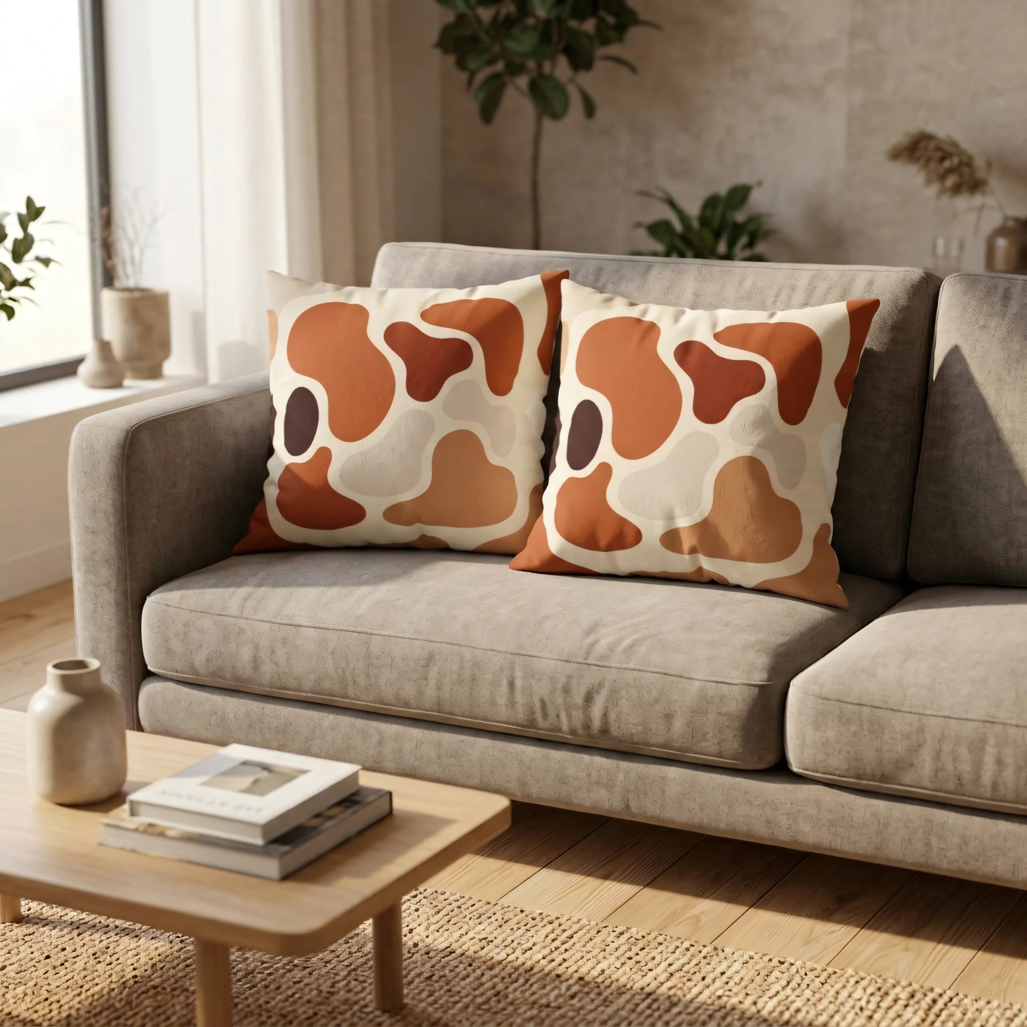 Pair of throw pillows with an earthy abstract blob pattern in terracotta and brown on a grey sofa in a sunny, cozy living room.