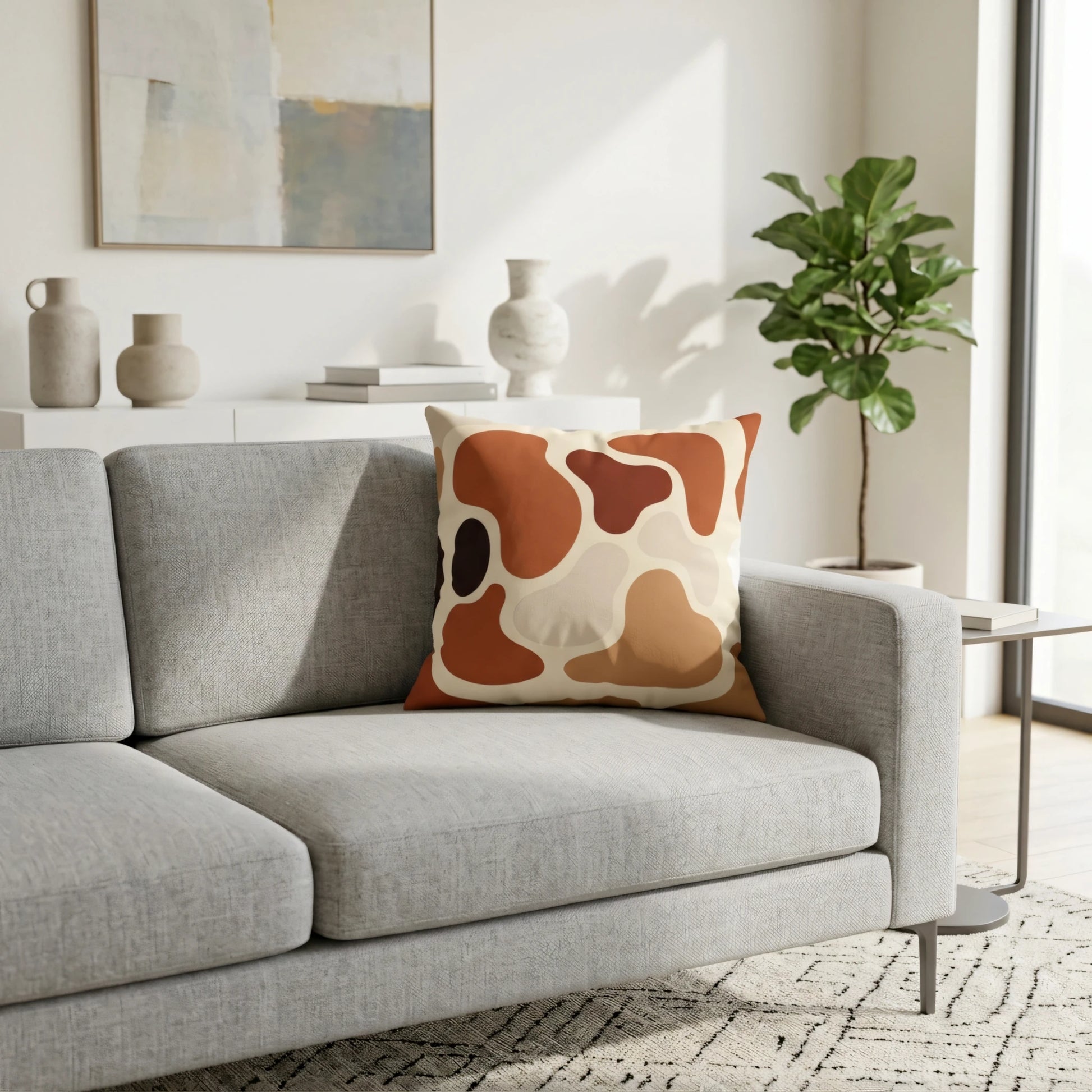 Modern throw pillow with earth-tone abstract patterns on a grey sofa in a minimalist living room setting with plants and vases.