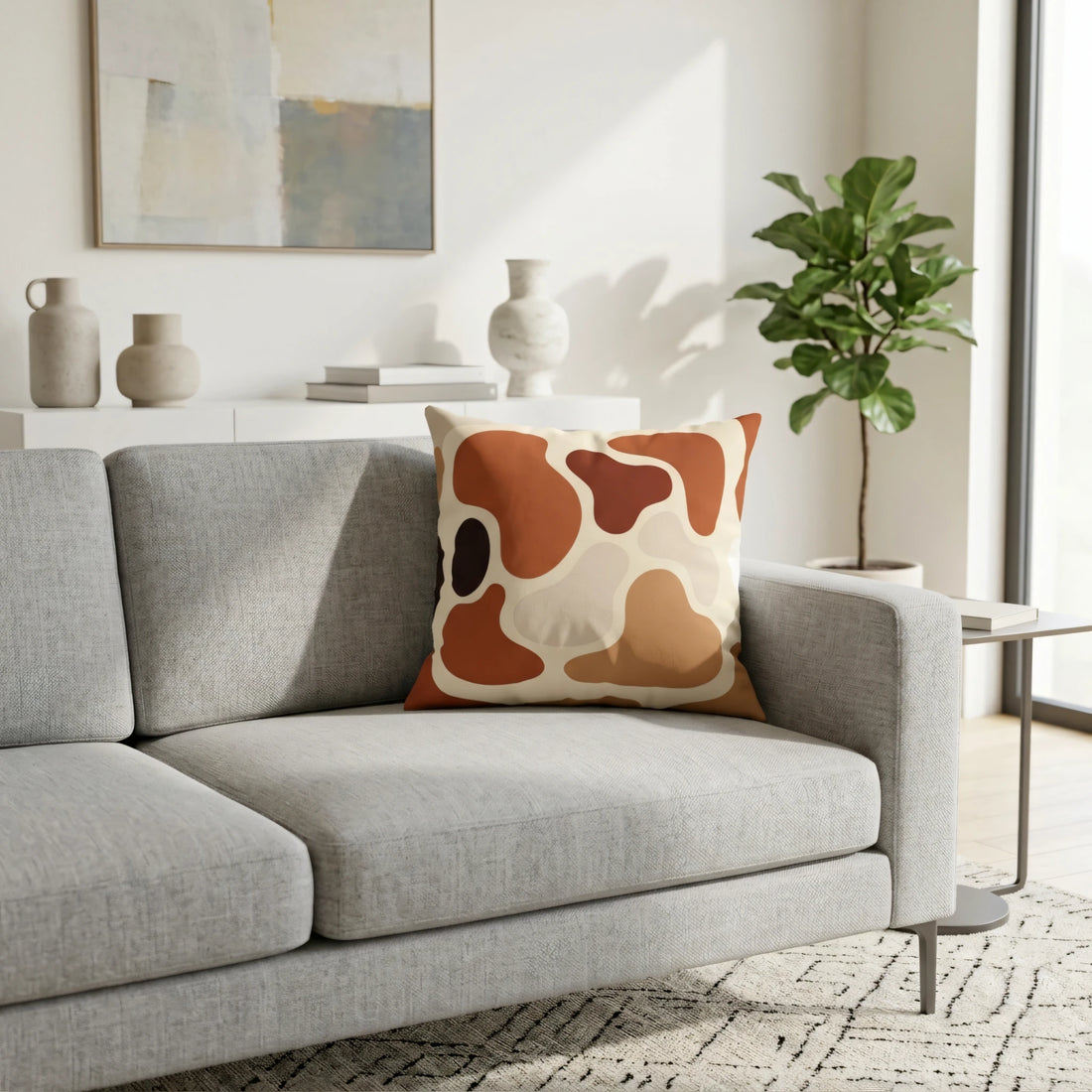 Modern throw pillow with earth-tone abstract patterns on a grey sofa in a minimalist living room setting with plants and vases.