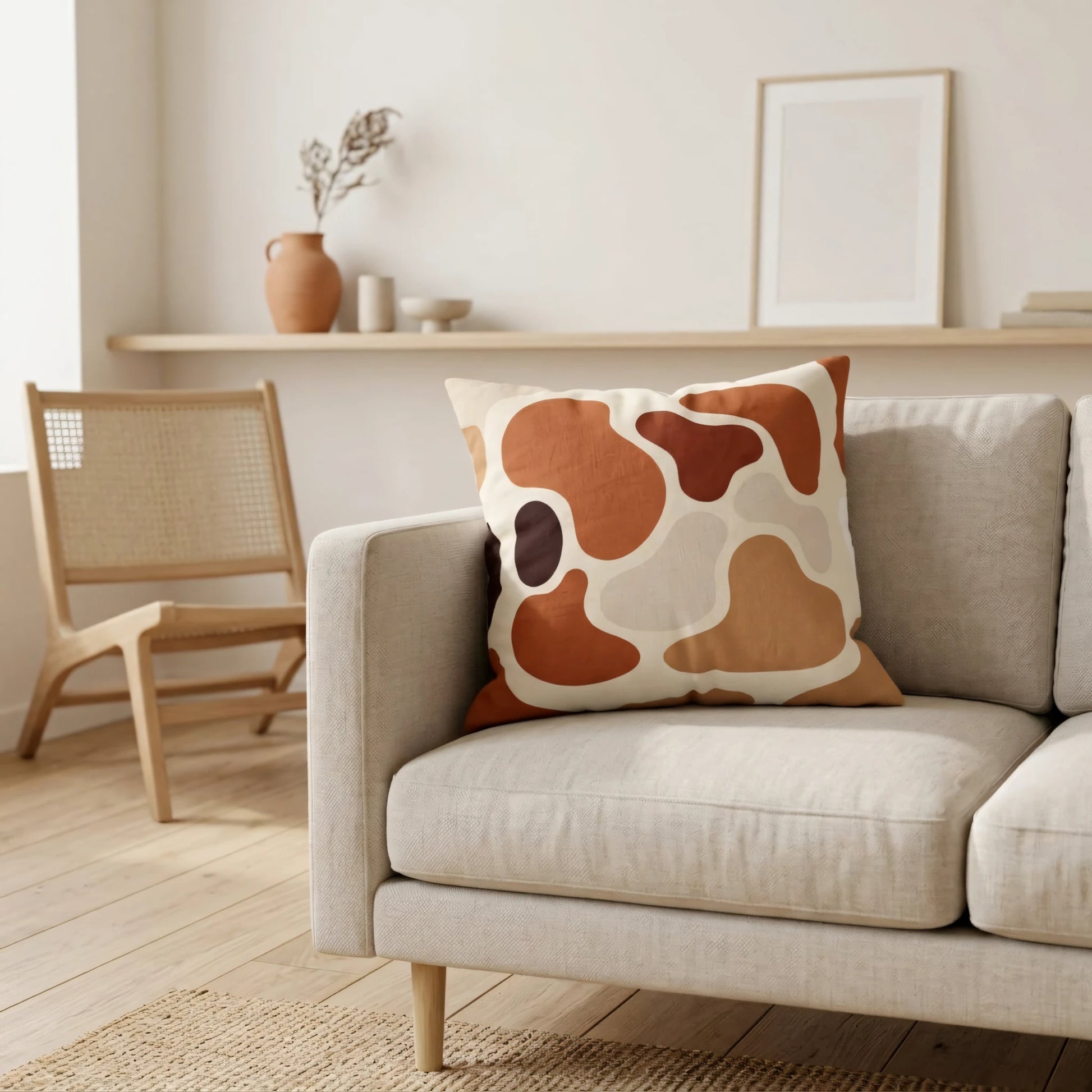Decorative throw pillow with abstract earth-tone organic shapes on a beige sofa in a bright minimalist living room with wooden accents.