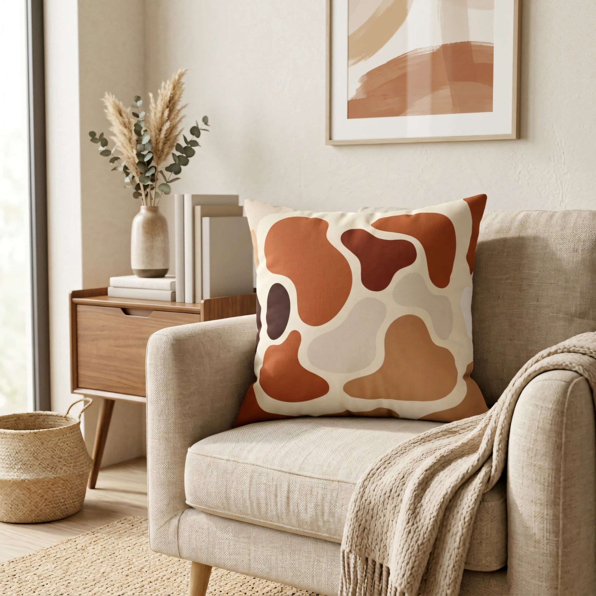 Abstract earth-toned throw pillow with terracotta shapes on a beige armchair in a cozy minimalist living room with bohemian decor.