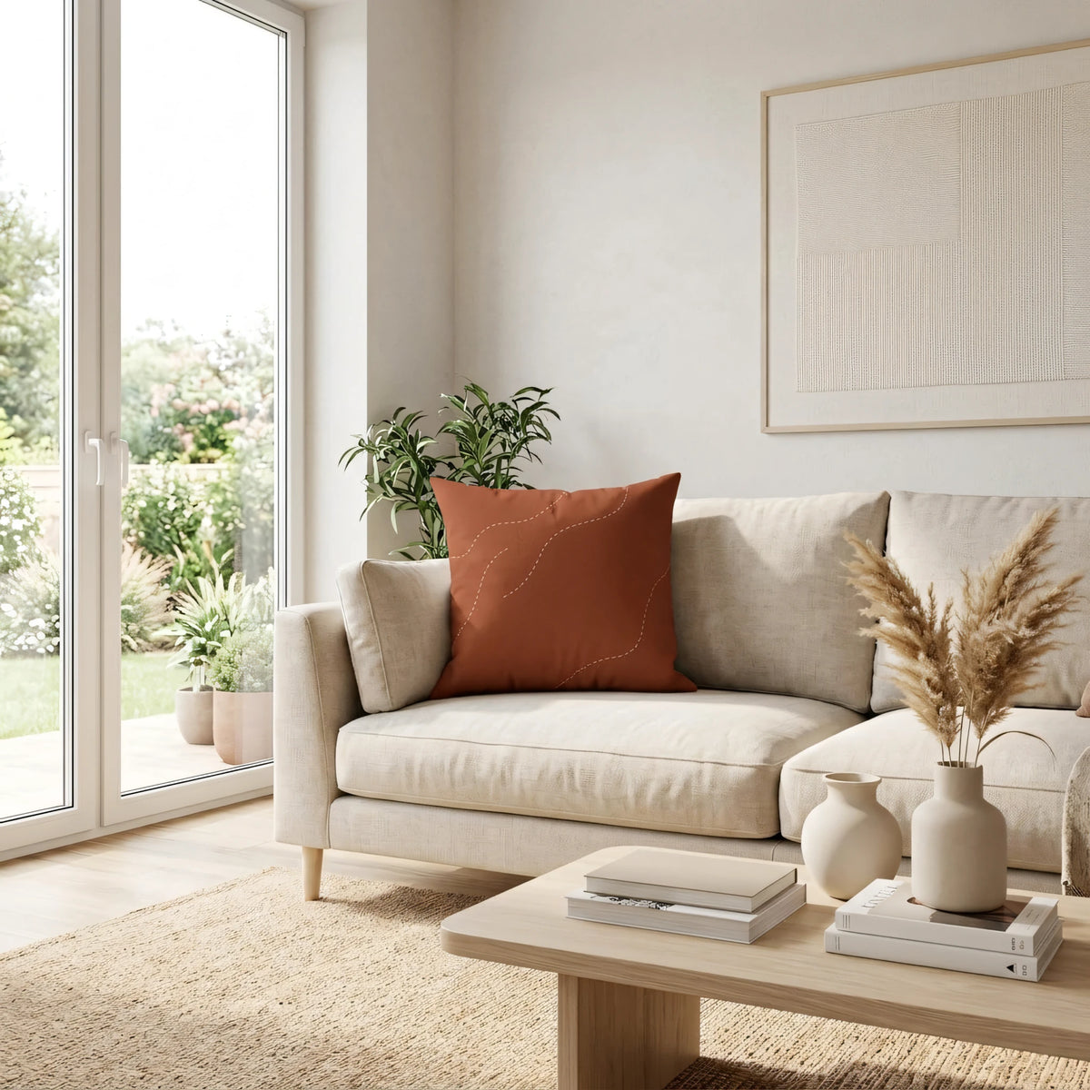 Minimalist Dotted Meander Cushion Cover in Bur, lifestyle view.