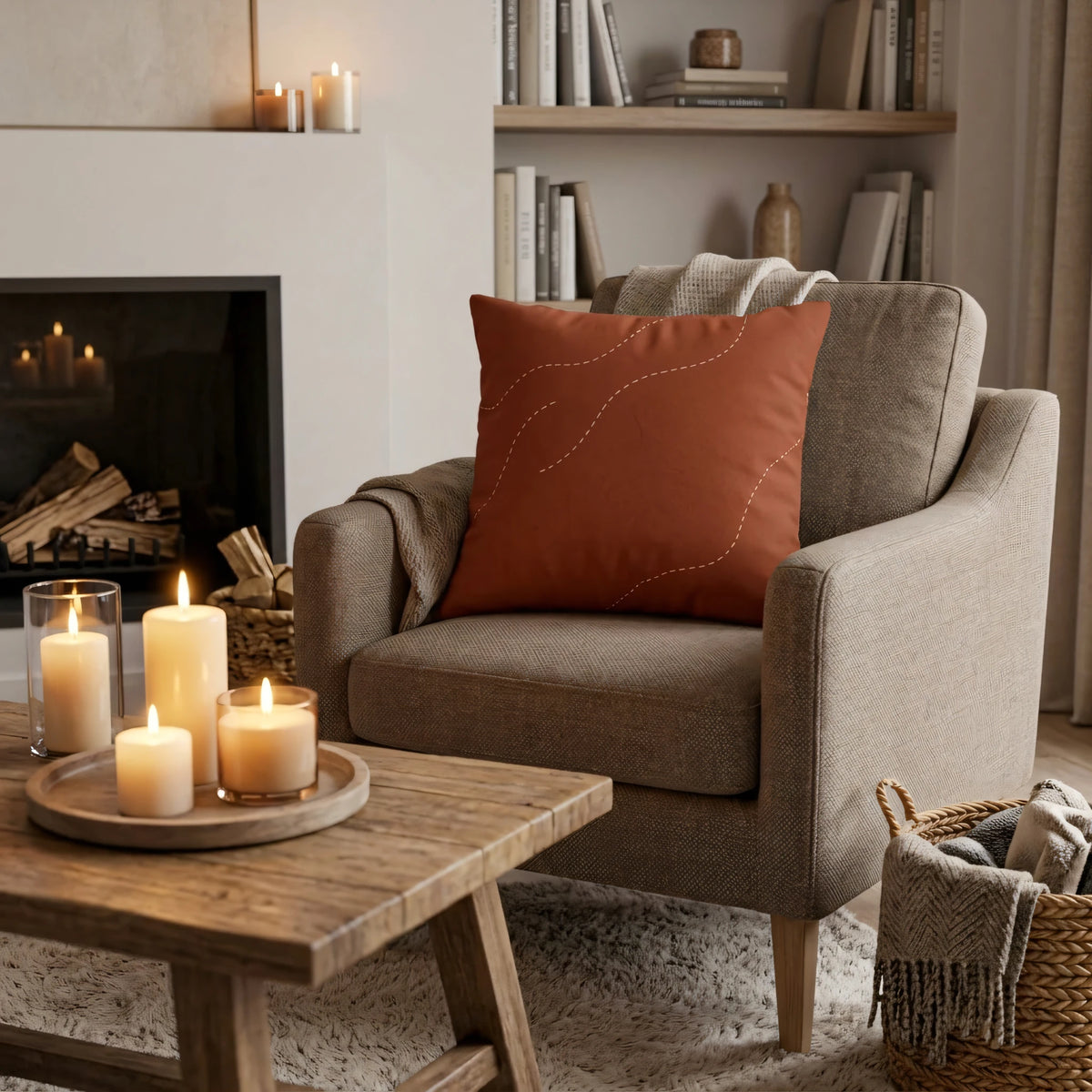 Minimalist Dotted Meander Cushion Cover in Bur, lifestyle view.