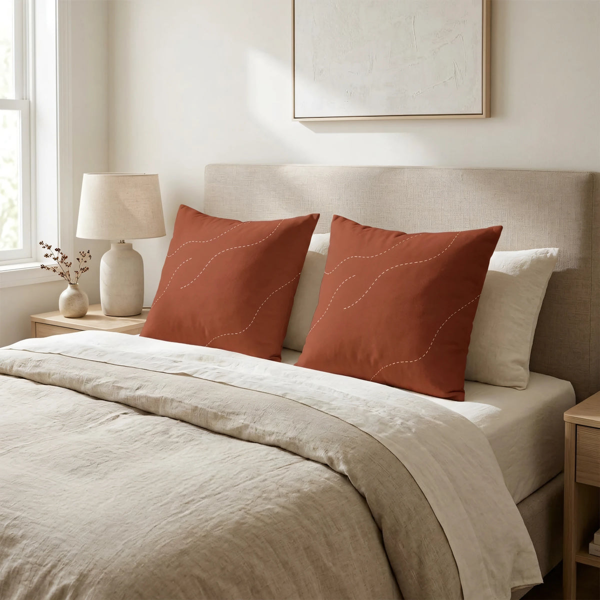 Minimalist Dotted Meander Cushion Cover in Bur, lifestyle view.