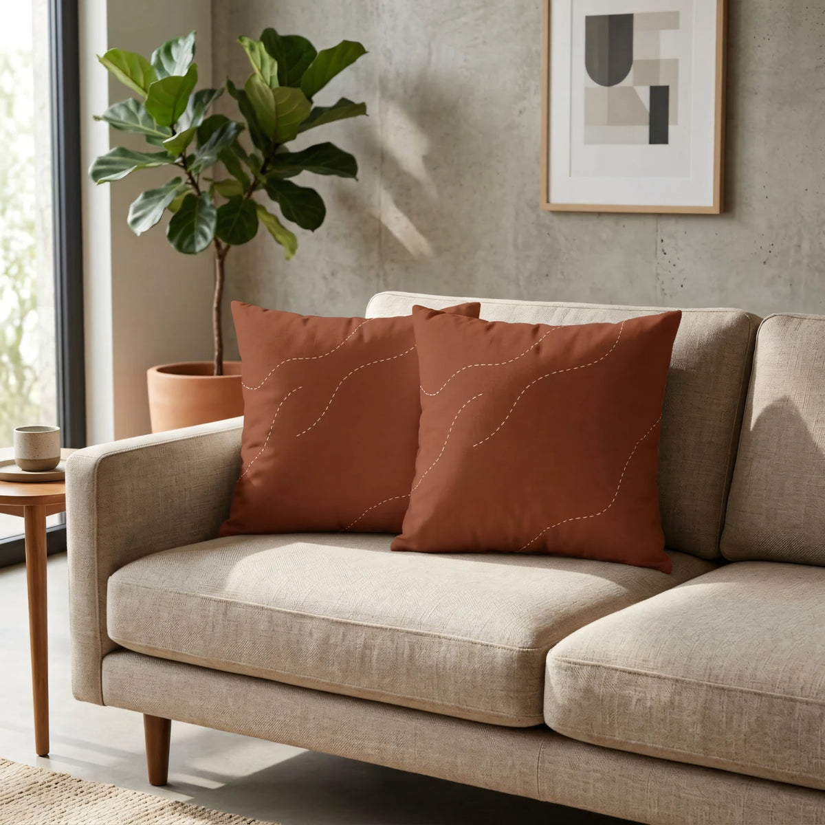 Minimalist Dotted Meander Cushion Cover in Bur, lifestyle view.