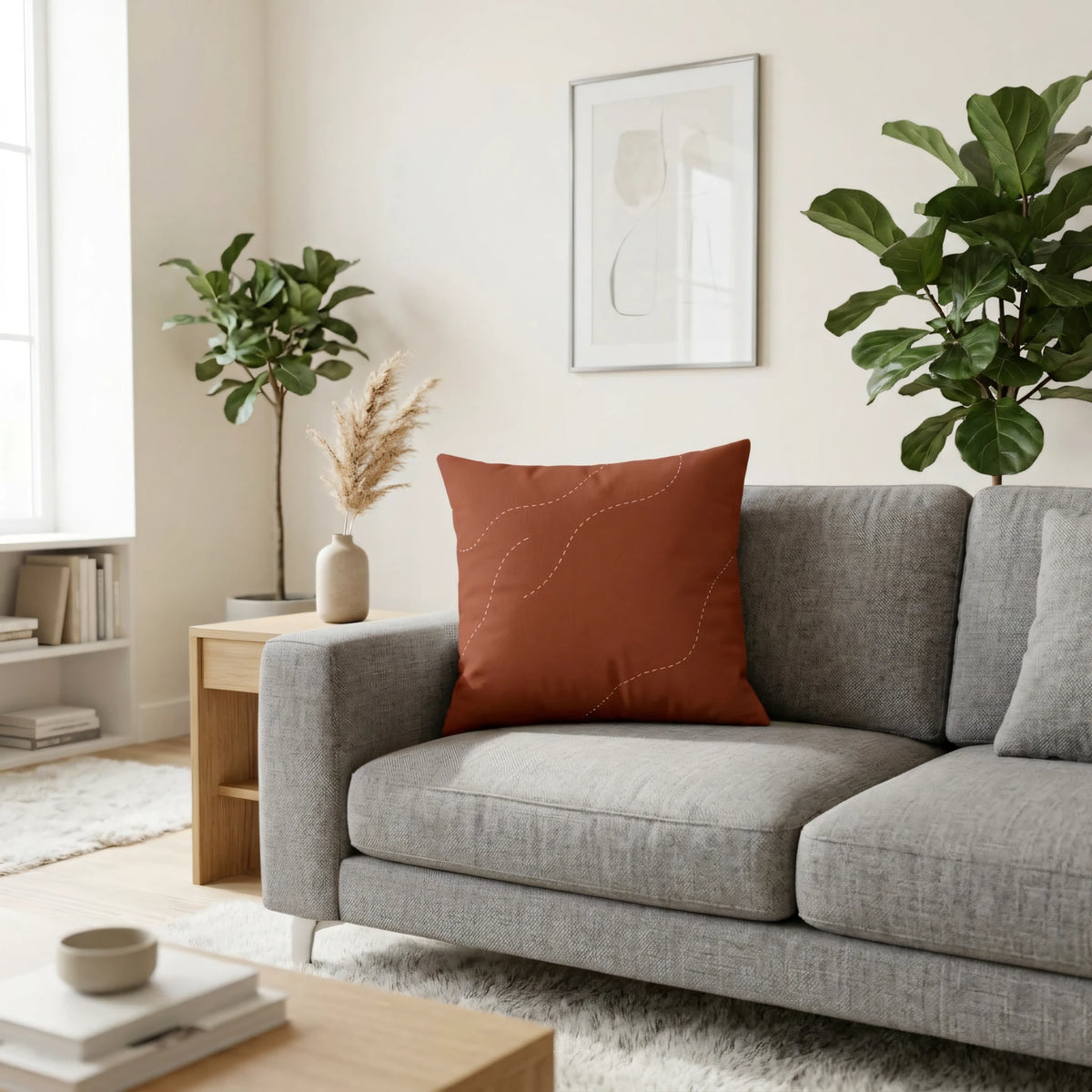 Minimalist Dotted Meander Cushion Cover in Bur, lifestyle view.