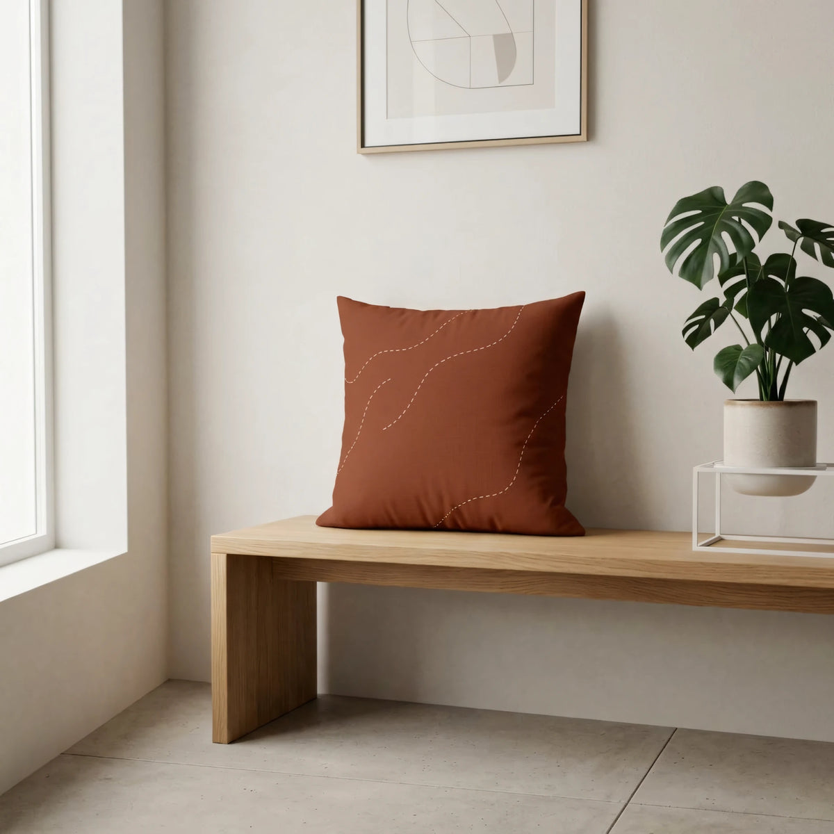 Minimalist Dotted Meander Cushion Cover in Bur, lifestyle view.