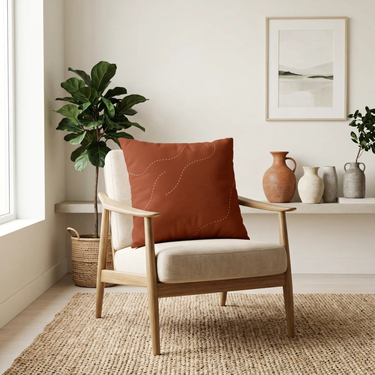 Minimalist Dotted Meander Cushion Cover in Bur, lifestyle view.