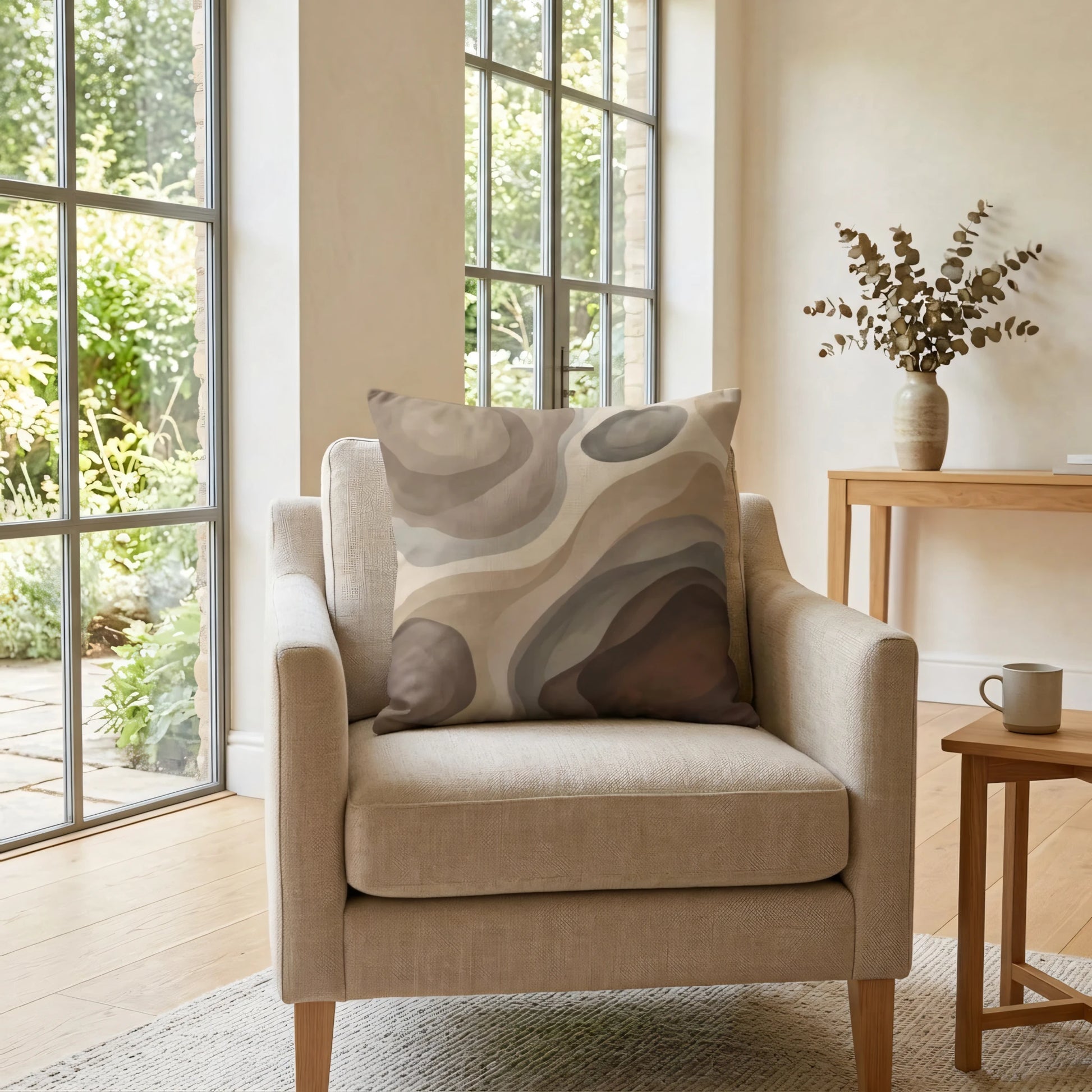 Earthy abstract pattern pillow on a neutral armchair in a light-filled living room featuring wooden side tables and large window views.