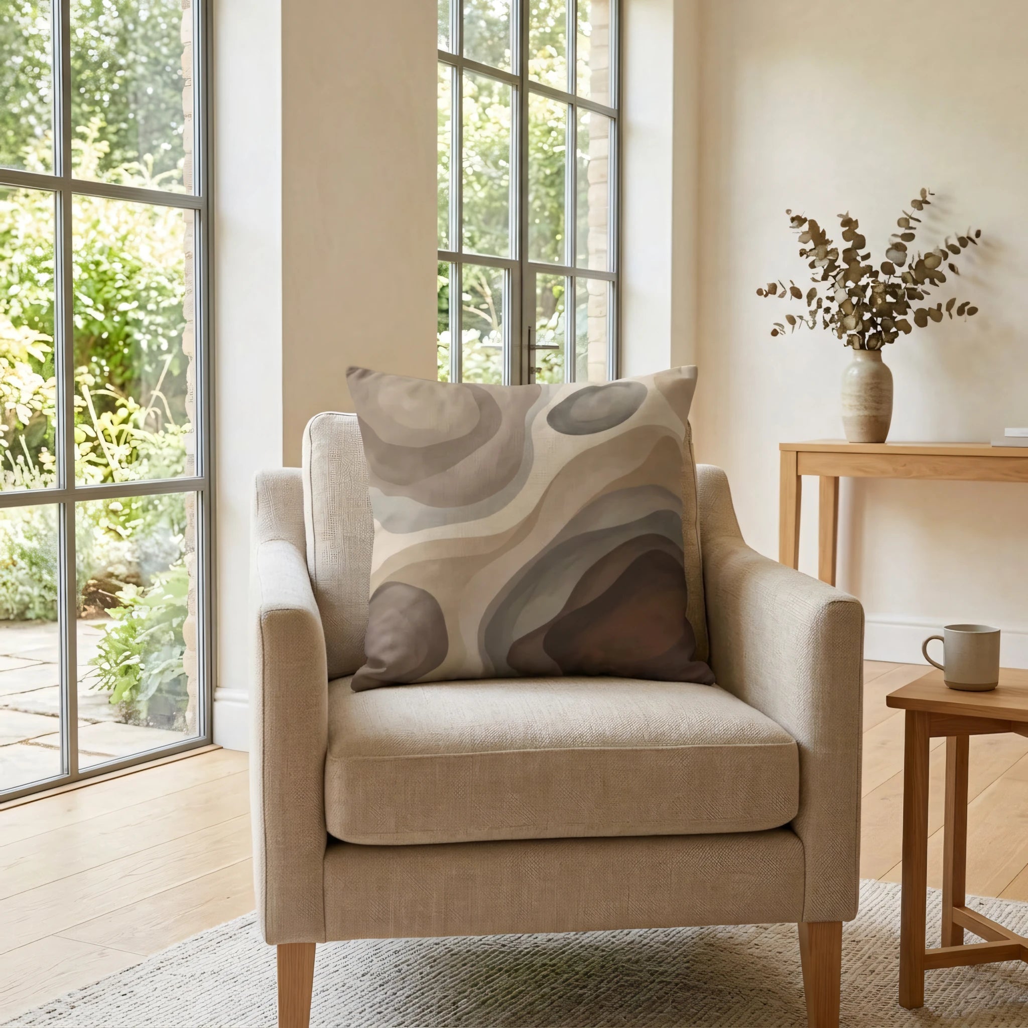 Earthy abstract pattern pillow on a neutral armchair in a light-filled living room featuring wooden side tables and large window views.