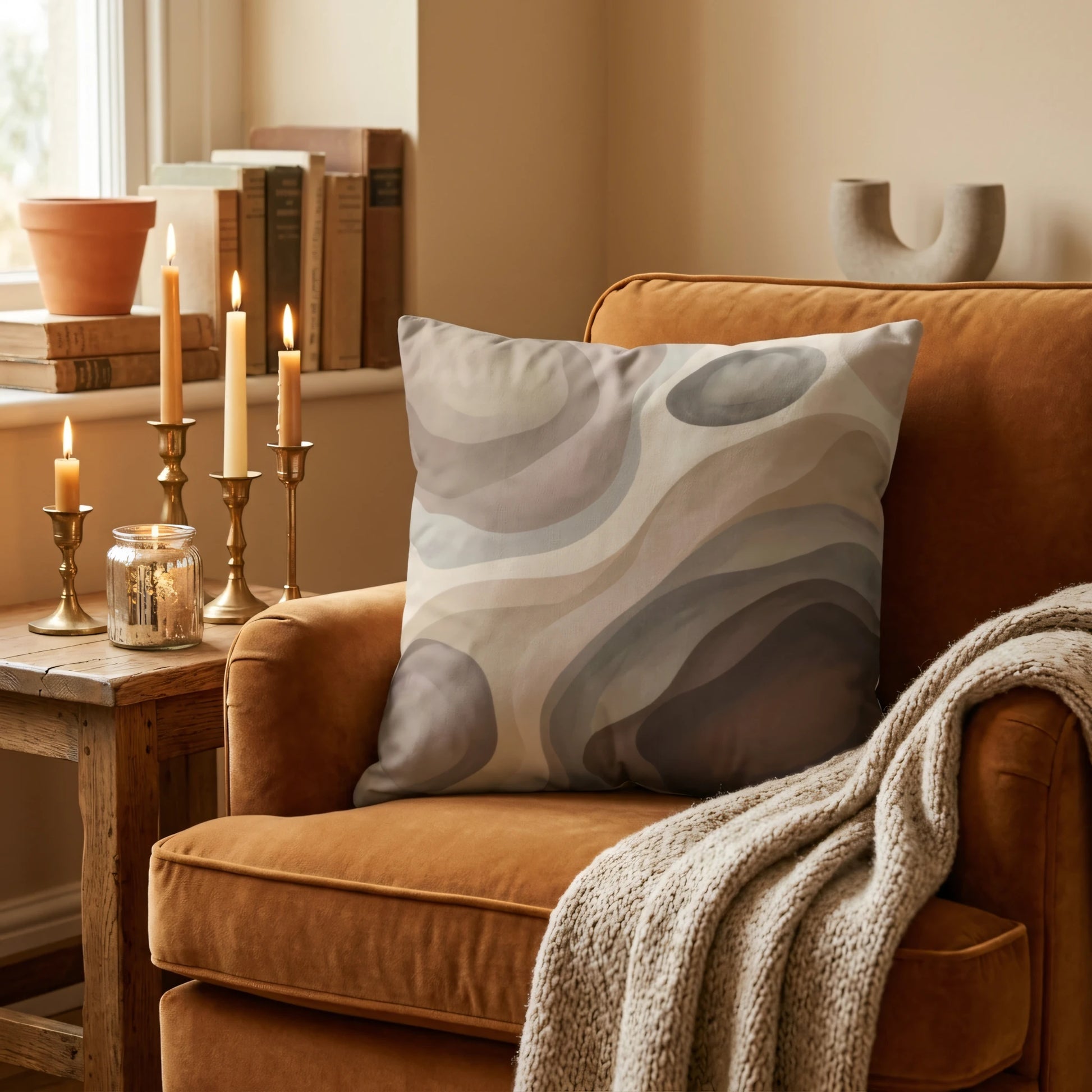 Abstract neutral pattern throw pillow on a terracotta velvet armchair in a cozy, candlelit room with a knit blanket and vintage books.